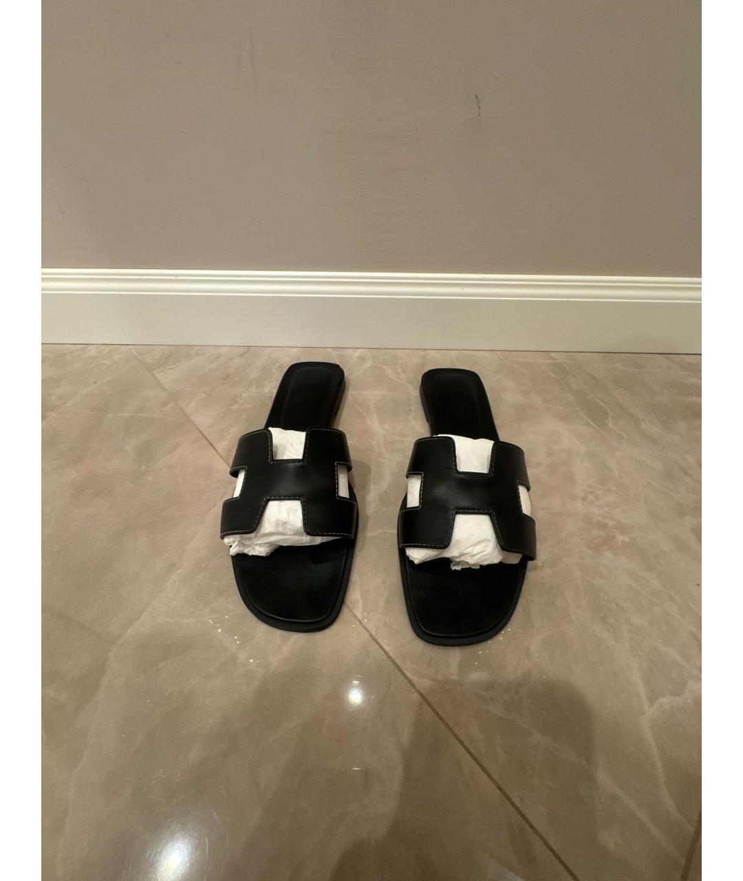 HERMES Черные кожаные шлепанцы, фото 3