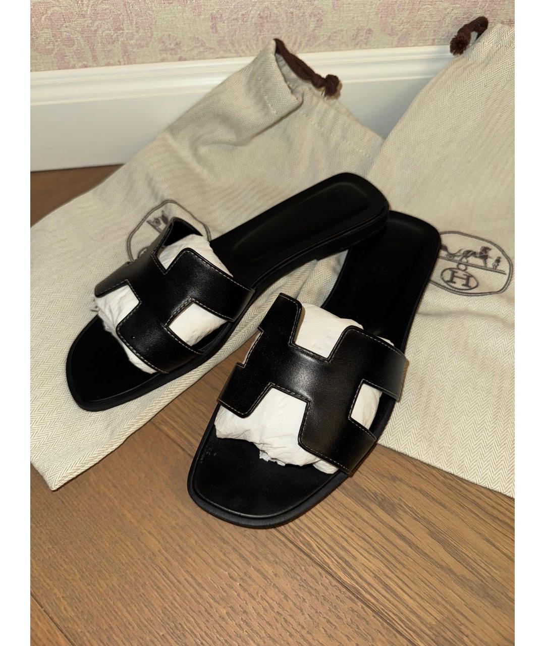 HERMES Черные кожаные шлепанцы, фото 7