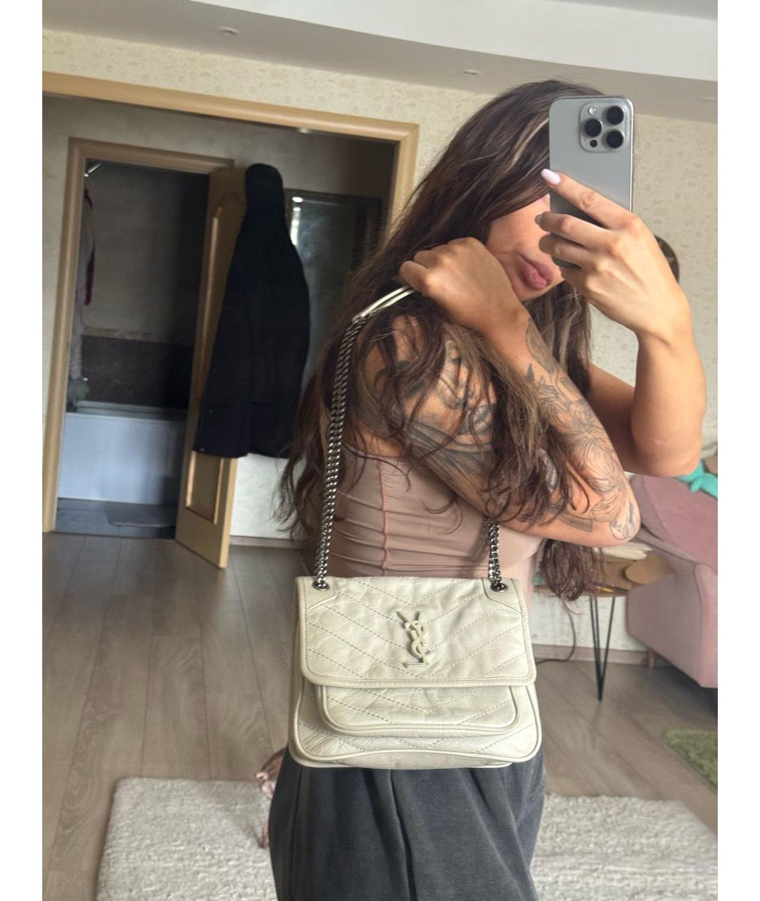 SAINT LAURENT Бежевая кожаная сумка через плечо, фото 6