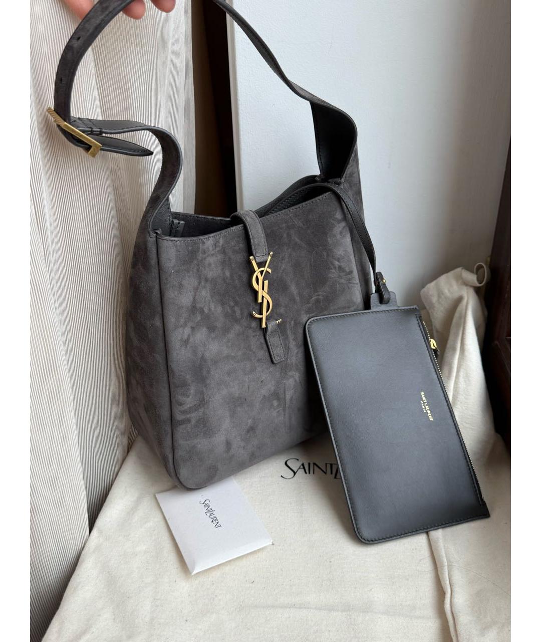SAINT LAURENT Серая замшевая сумка тоут, фото 5