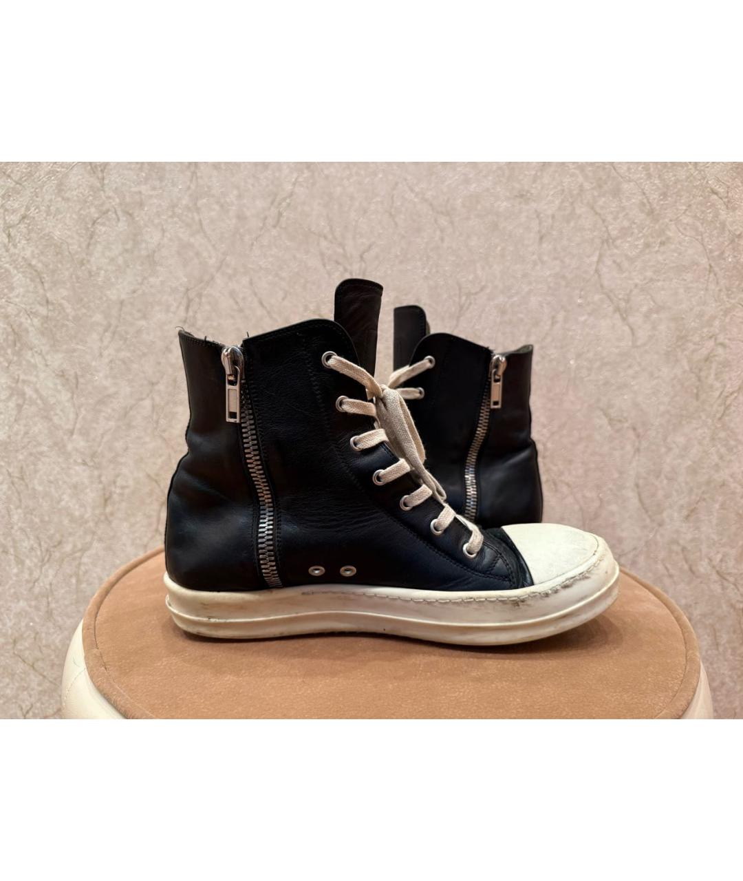 RICK OWENS Черные кожаные высокие кроссовки / кеды, фото 3