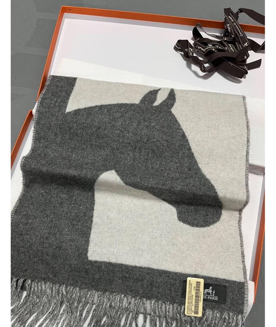 HERMES Серый кашемировый шарф, фото 4