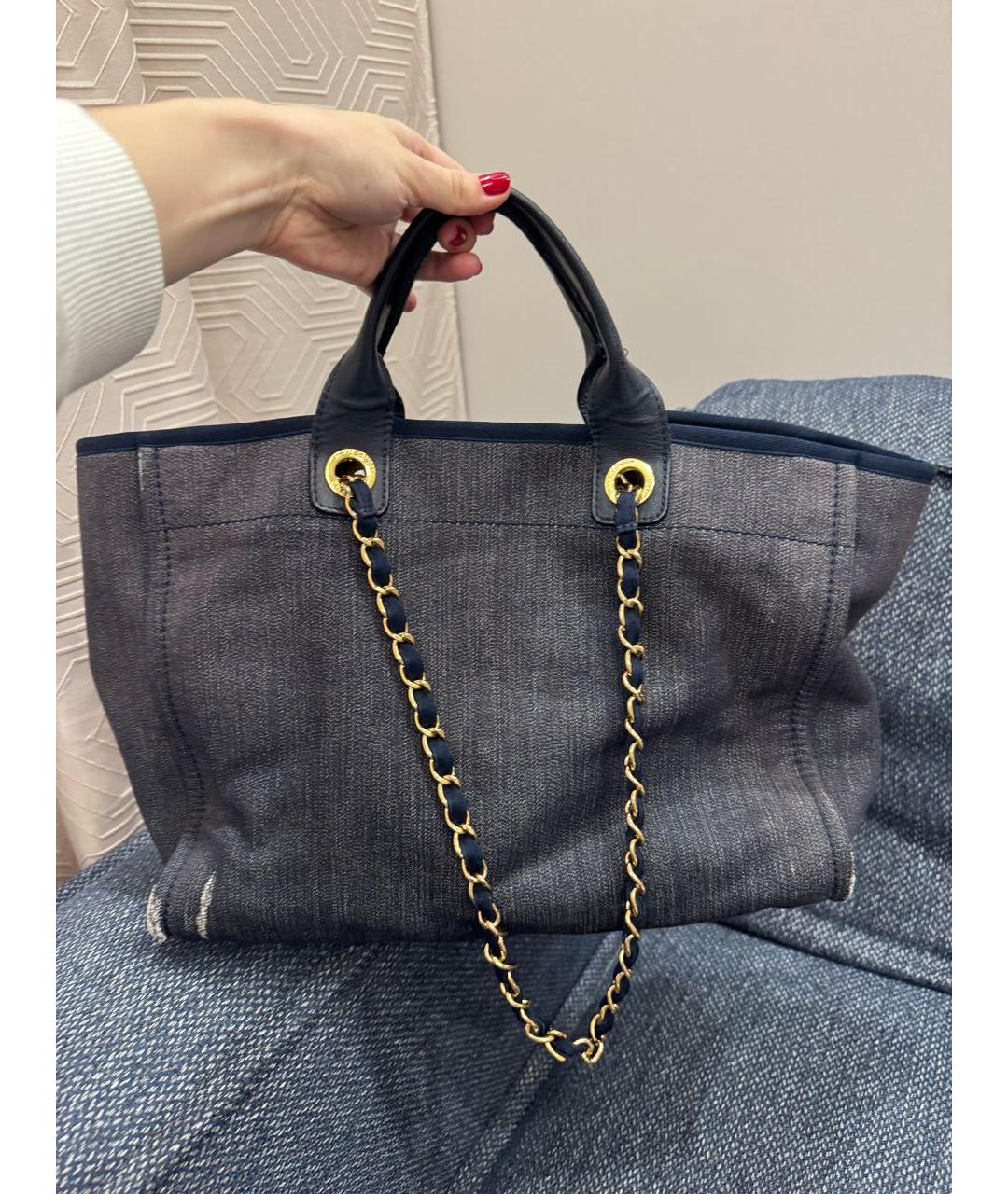 CHANEL Темно-синяя тканевая сумка тоут, фото 2