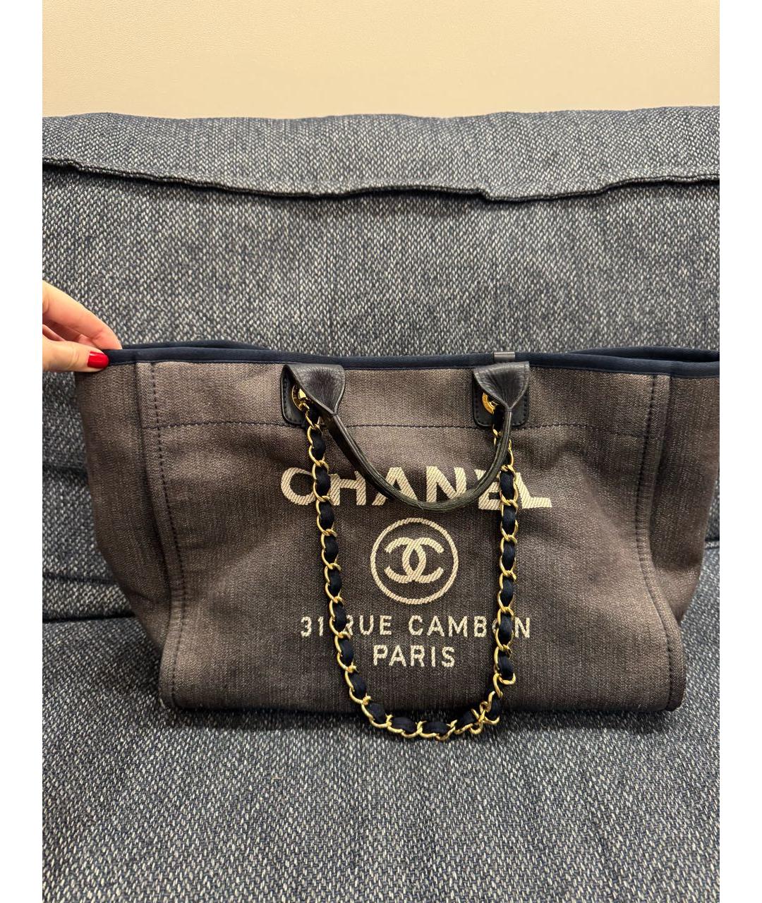 CHANEL Темно-синяя тканевая сумка тоут, фото 5