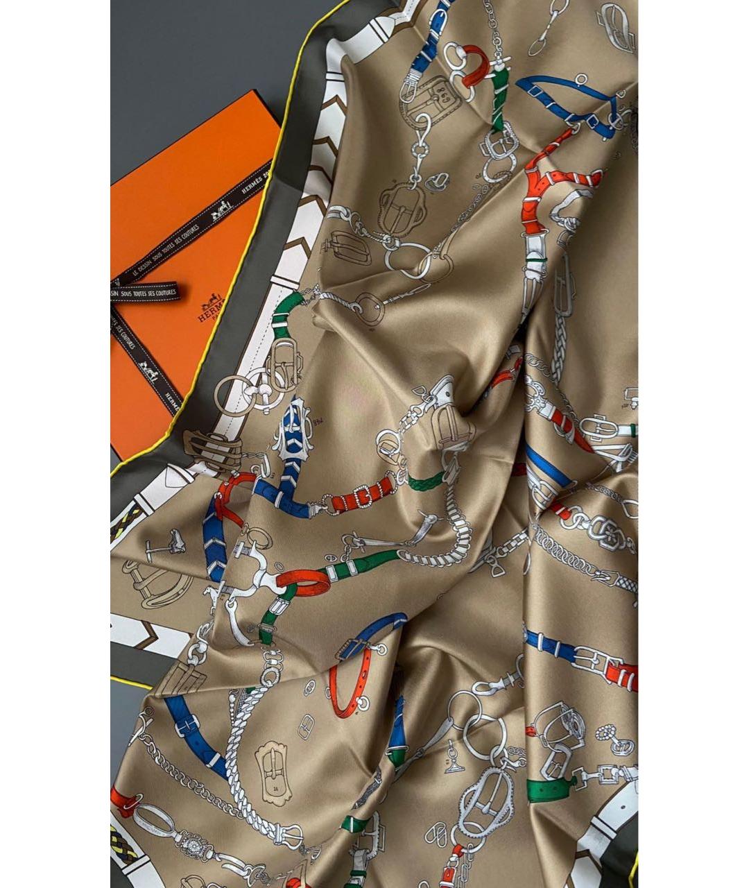 HERMES Бежевый шелковый платок, фото 4