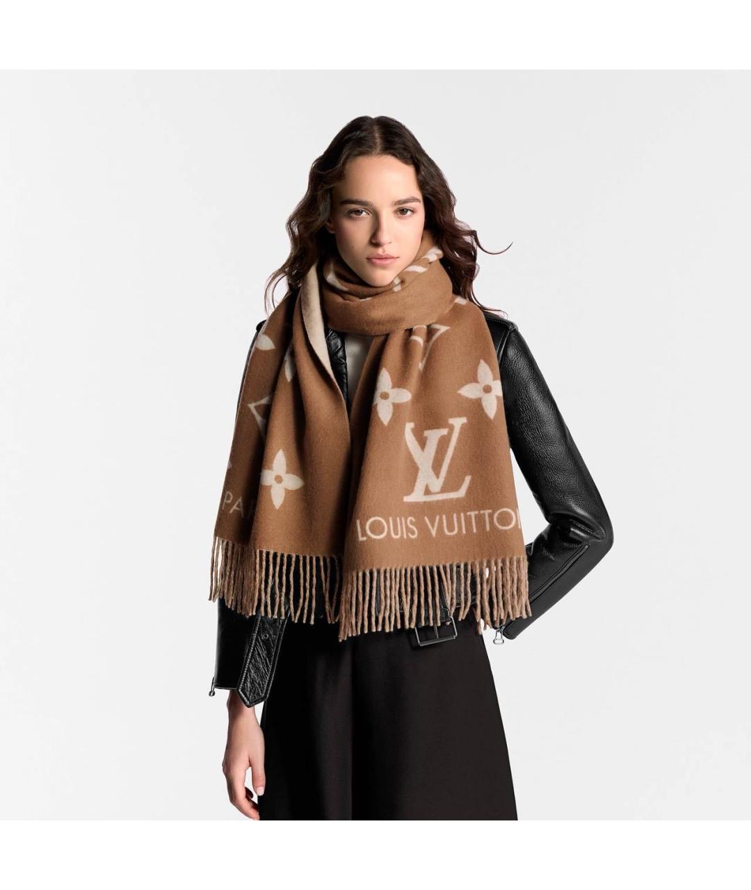 LOUIS VUITTON Коричневый кашемировый шарф, фото 3