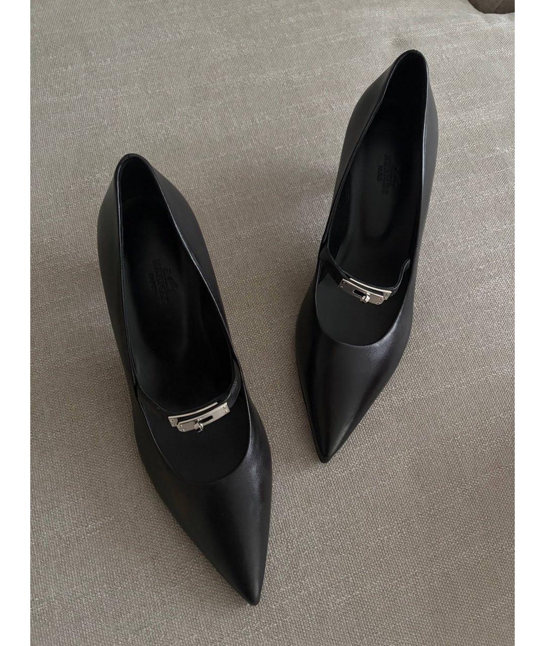 HERMES Черные кожаные лодочки на низком каблуке, фото 3