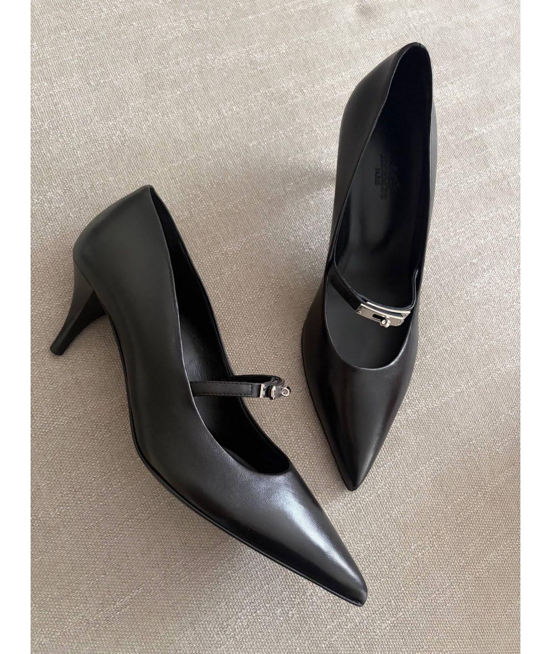 HERMES Черные кожаные лодочки на низком каблуке, фото 4