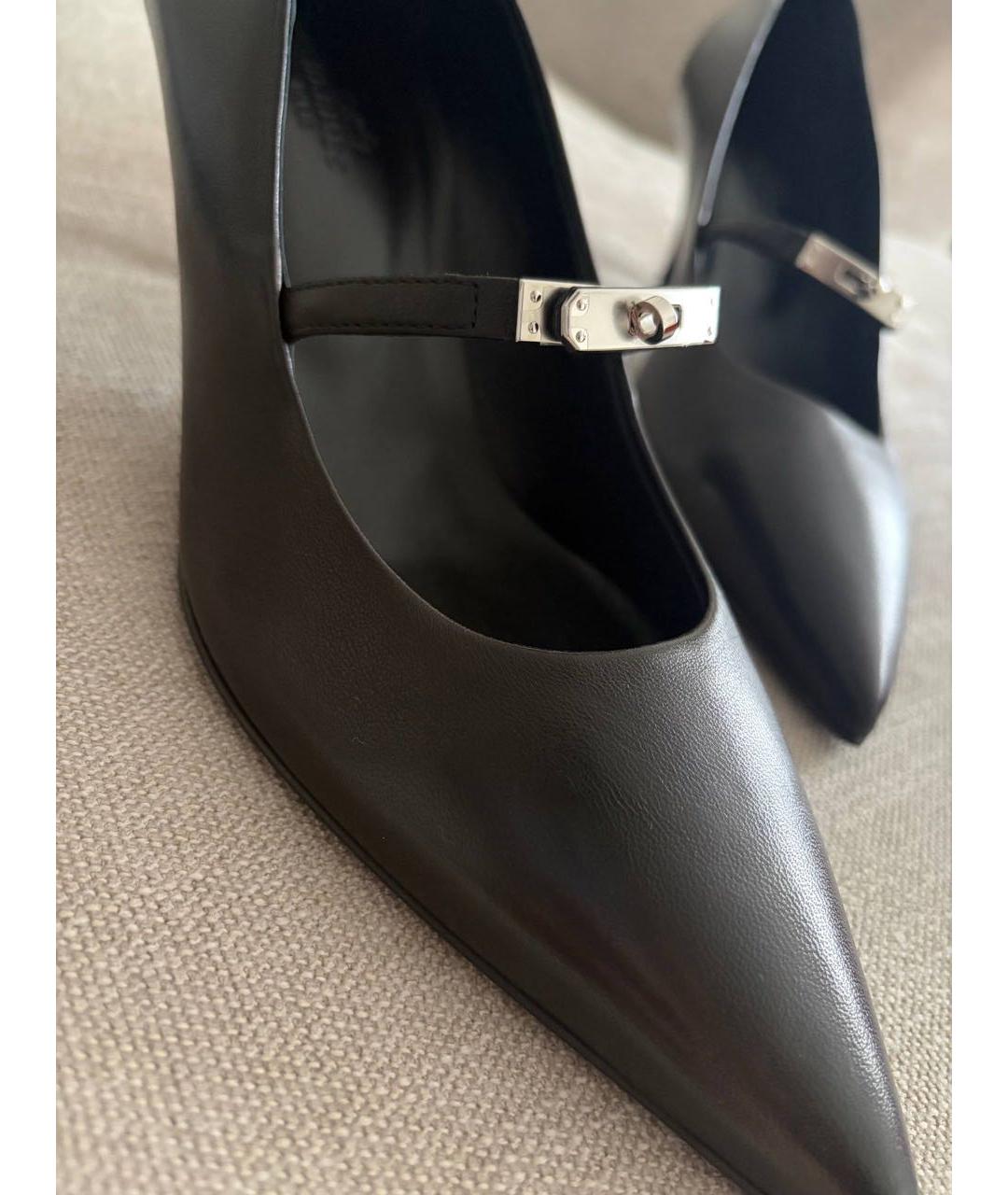 HERMES Черные кожаные лодочки на низком каблуке, фото 2