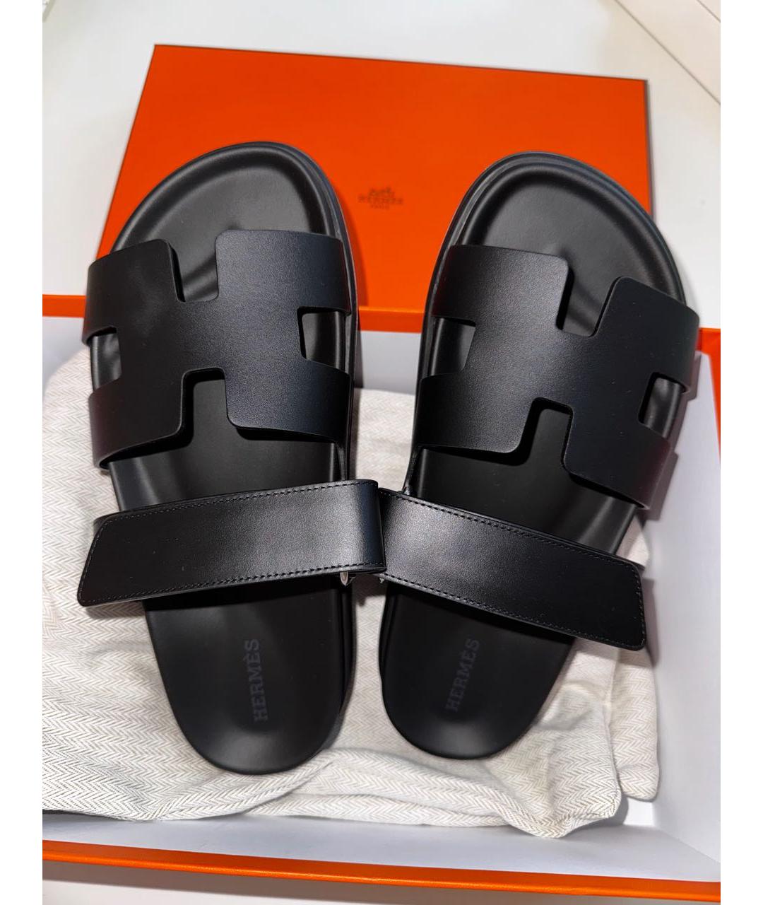 HERMES Черные кожаные шлепанцы, фото 2