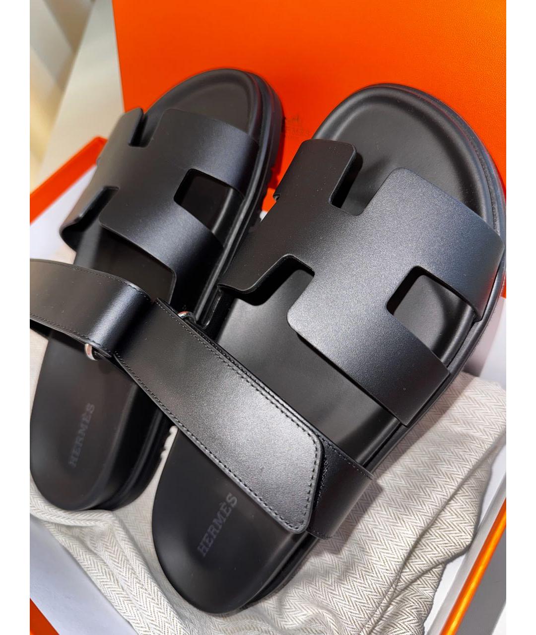 HERMES Черные кожаные шлепанцы, фото 3