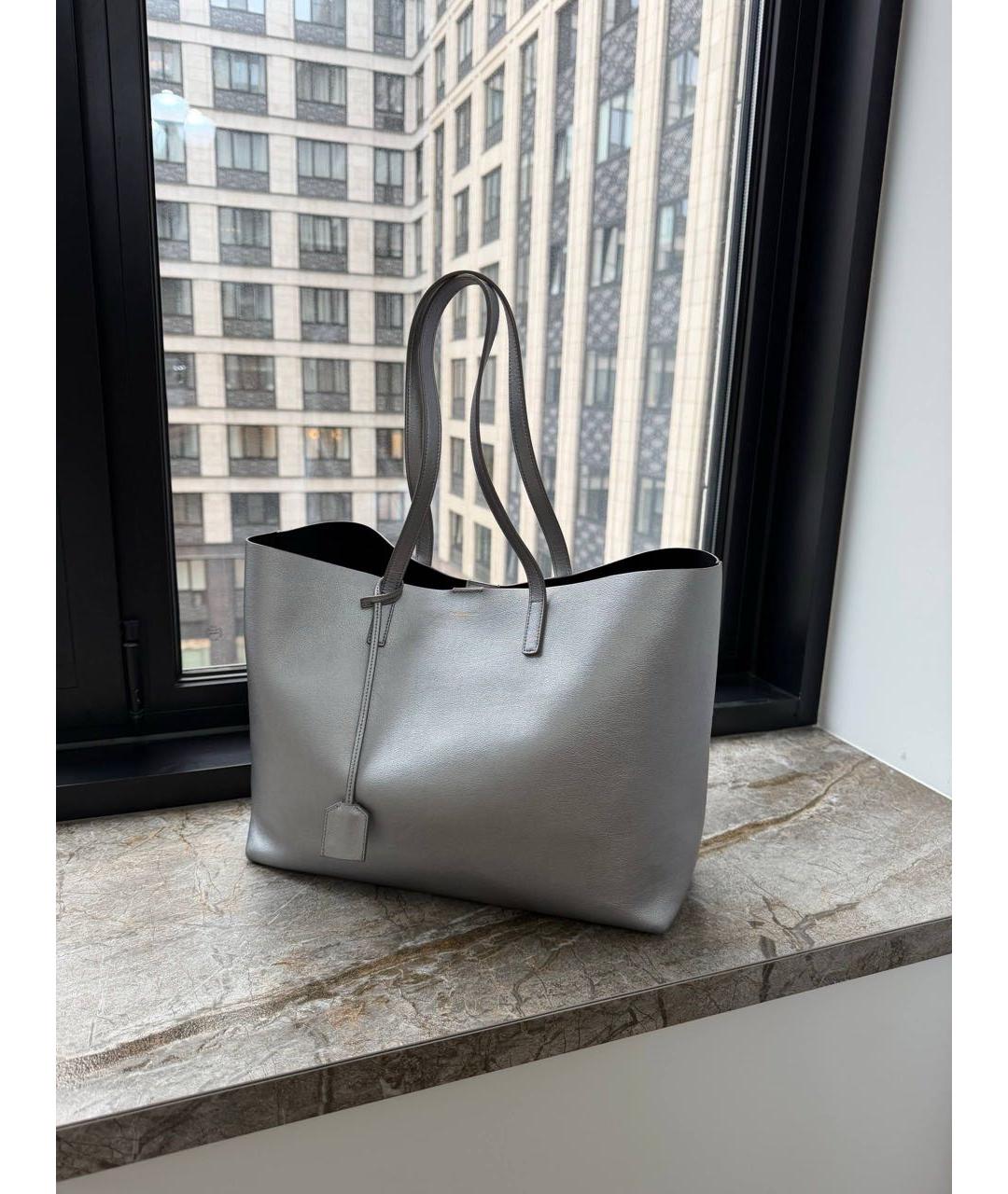 SAINT LAURENT Серебряная кожаная сумка тоут, фото 9