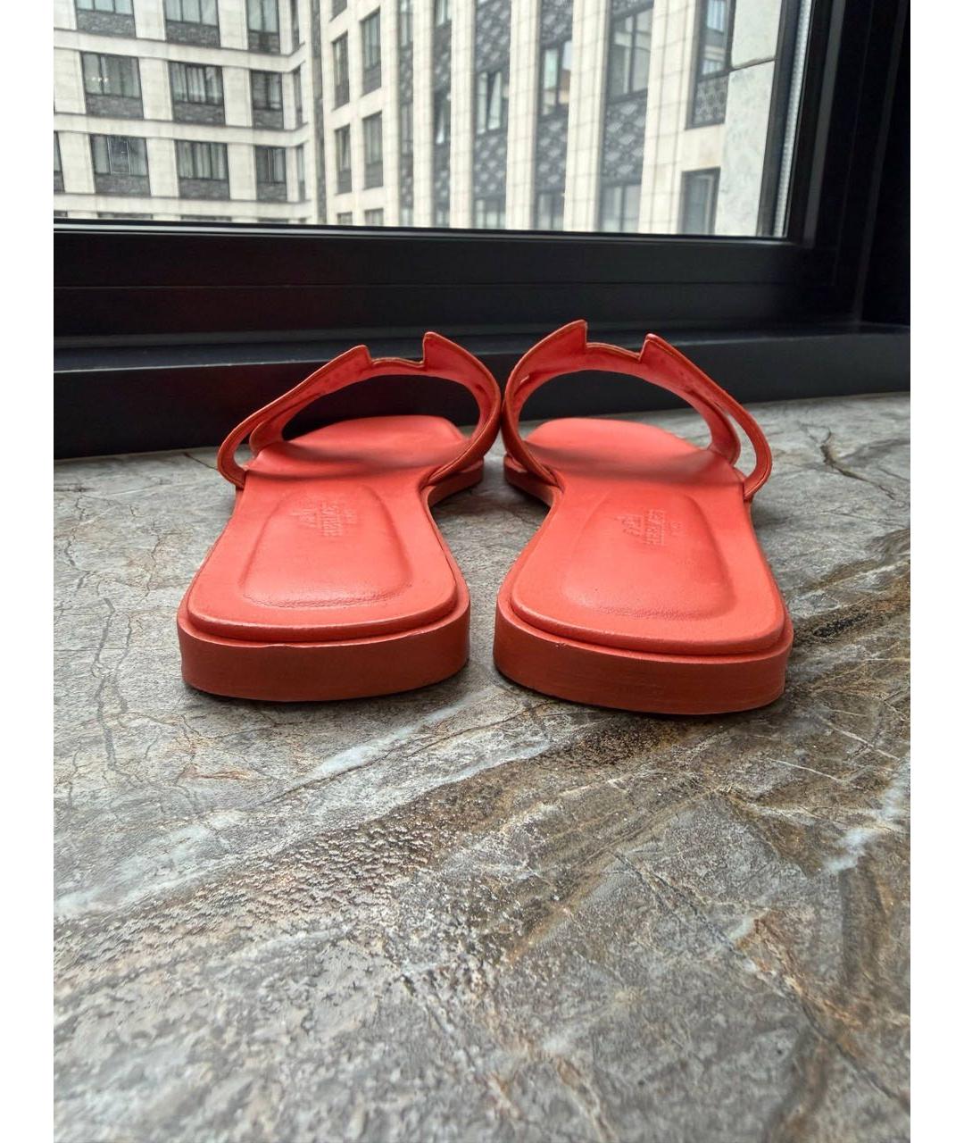 HERMES Коралловые кожаные шлепанцы, фото 4