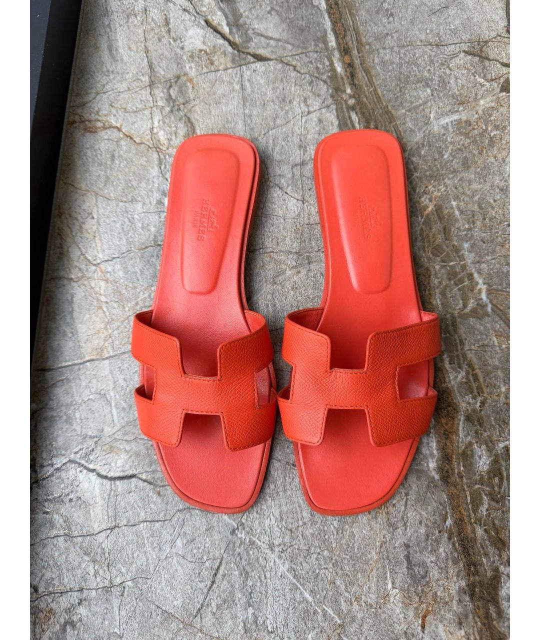 HERMES Коралловые кожаные шлепанцы, фото 3