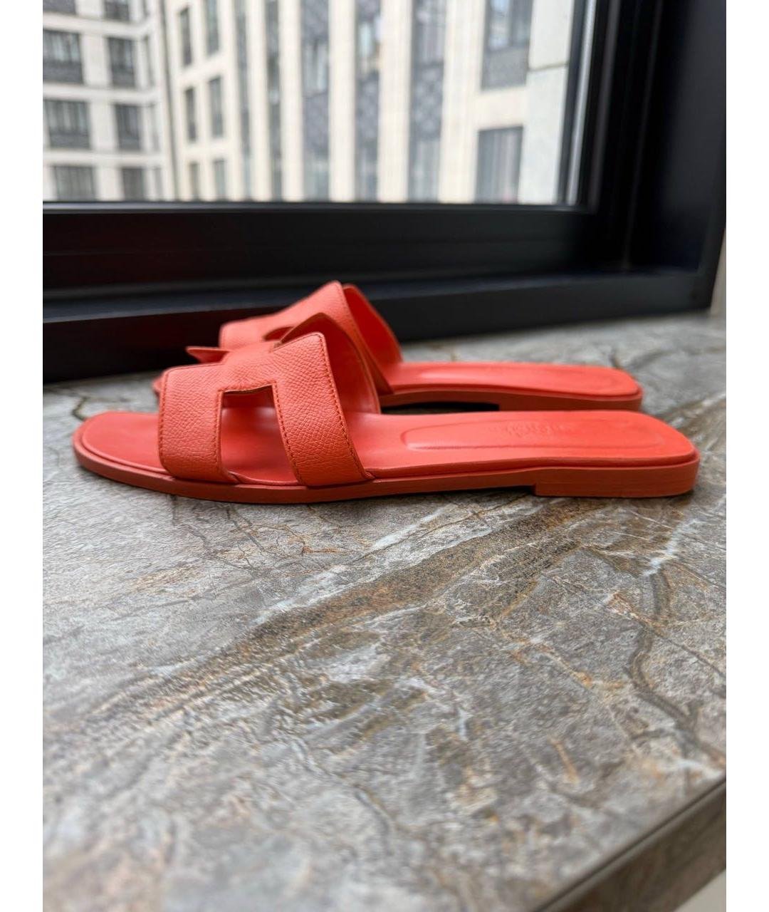 HERMES Коралловые кожаные шлепанцы, фото 7