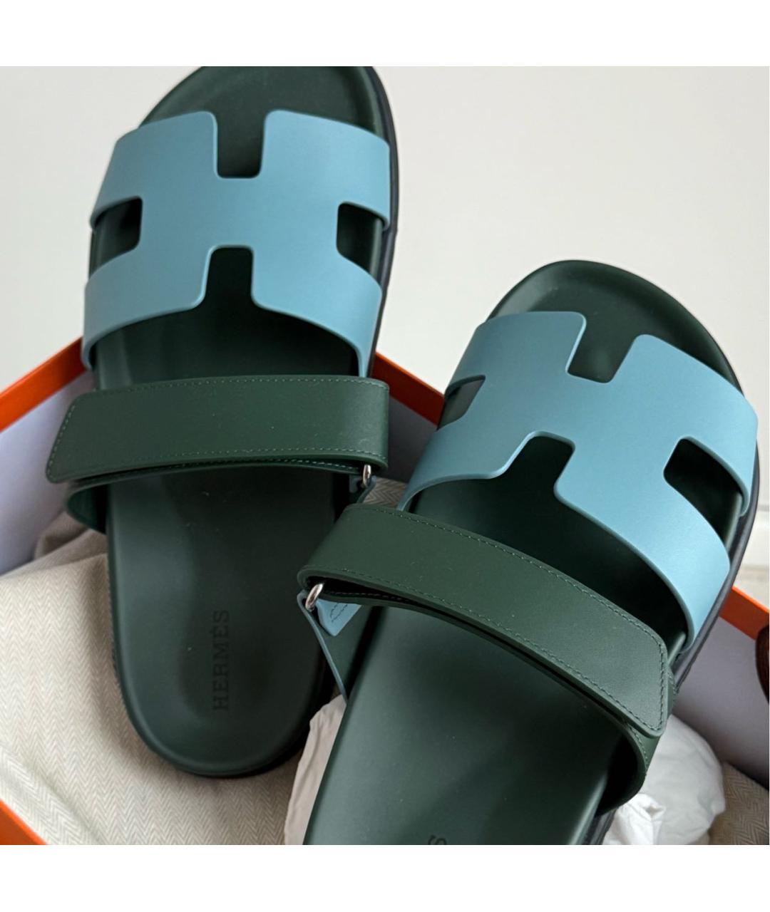 HERMES Зеленые кожаные сандалии, фото 7