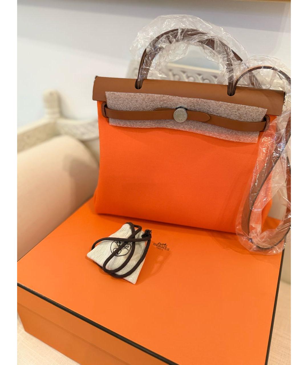 HERMES Оранжевая тканевая сумка с короткими ручками, фото 9