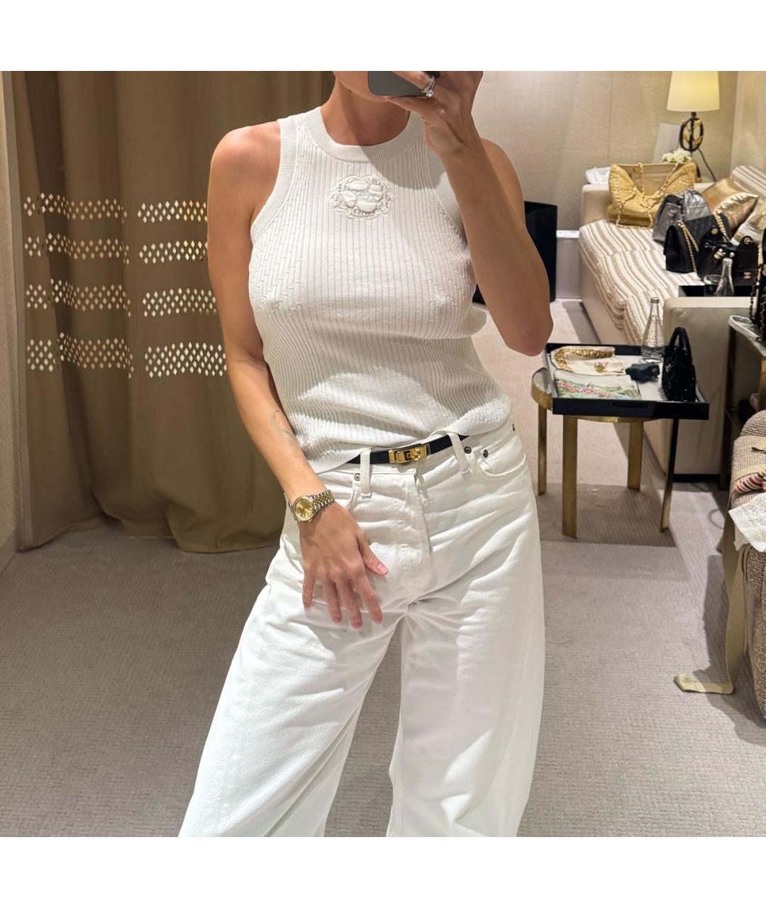 CHANEL Белая хлопко-эластановая майка, фото 3