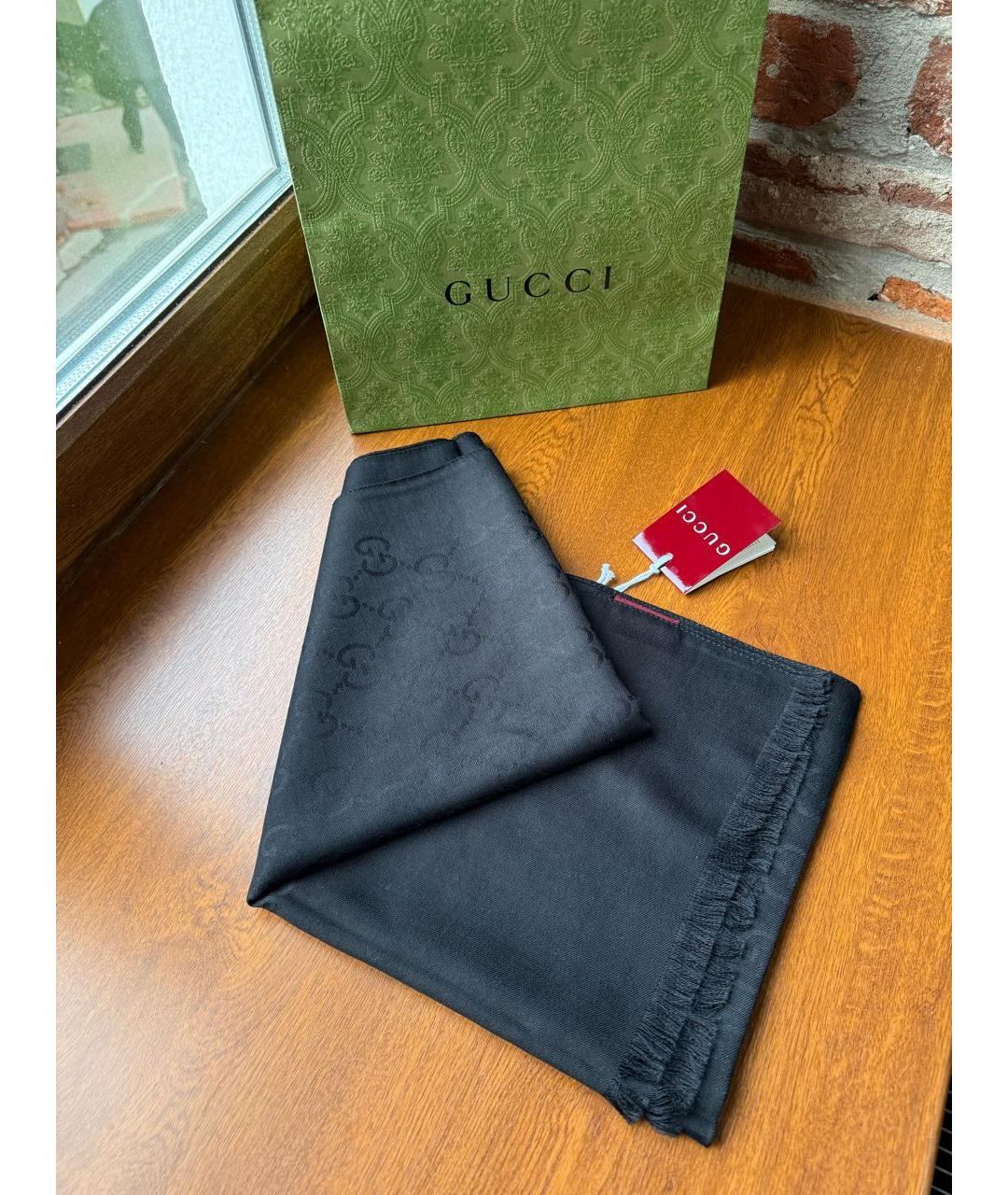 GUCCI Черный шерстяной шарф, фото 2