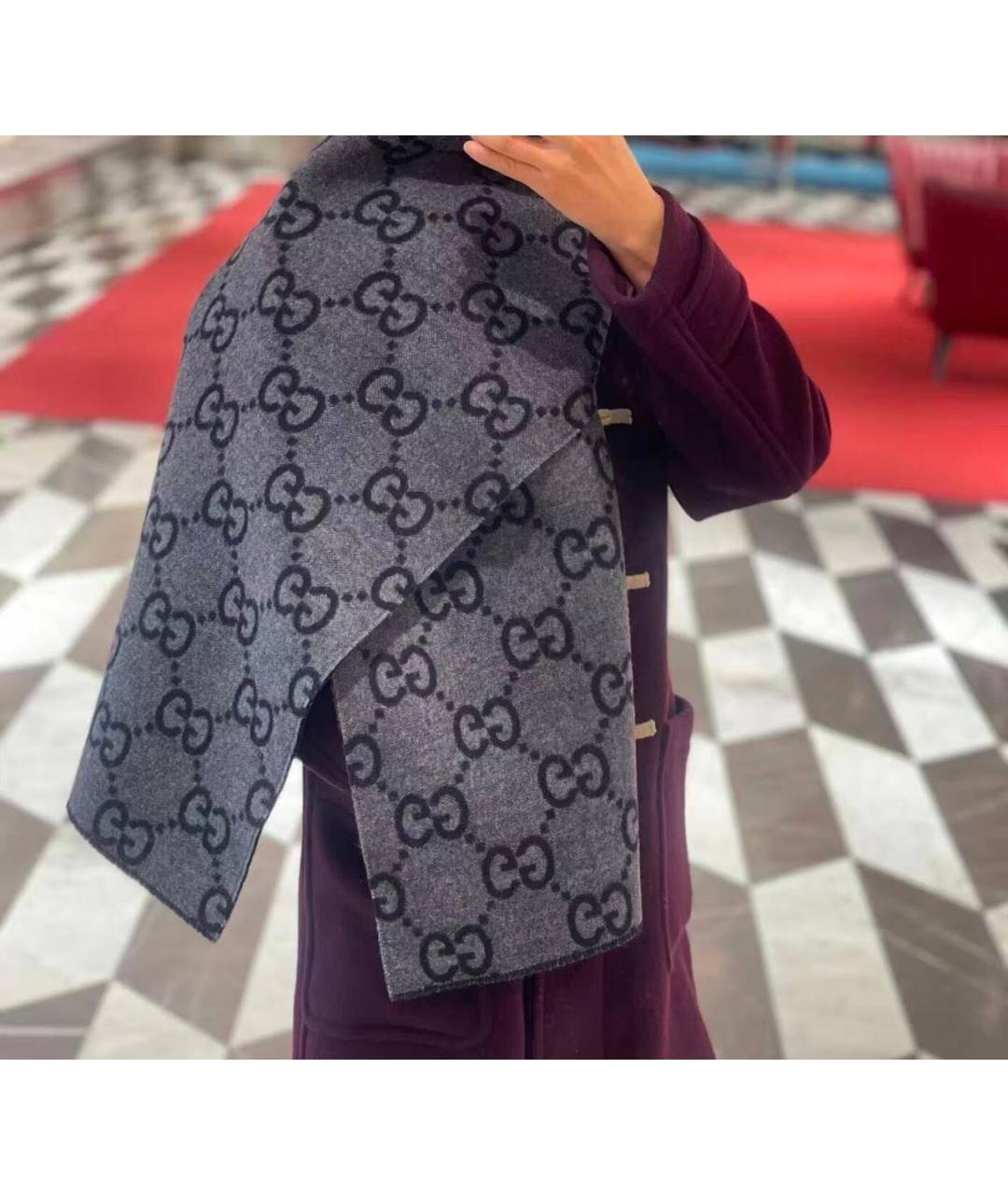 GUCCI Антрацитовый шерстяной шарф, фото 5