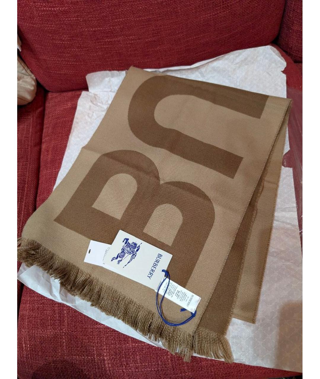 BURBERRY Коричневый шерстяной шарф, фото 6