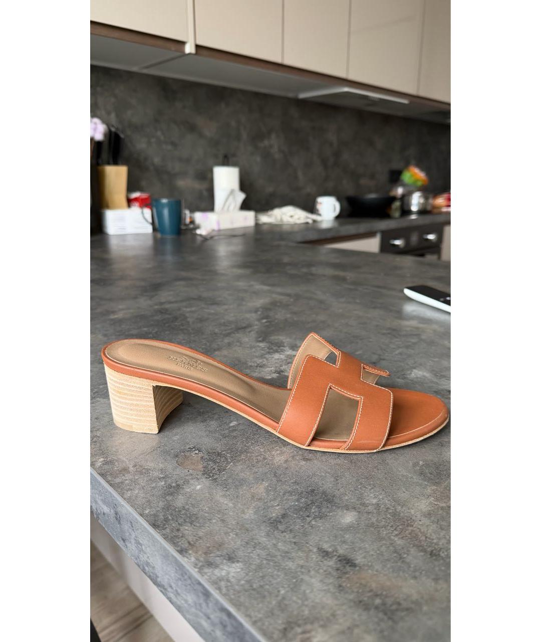 HERMES Оранжевое кожаные сандалии, фото 7