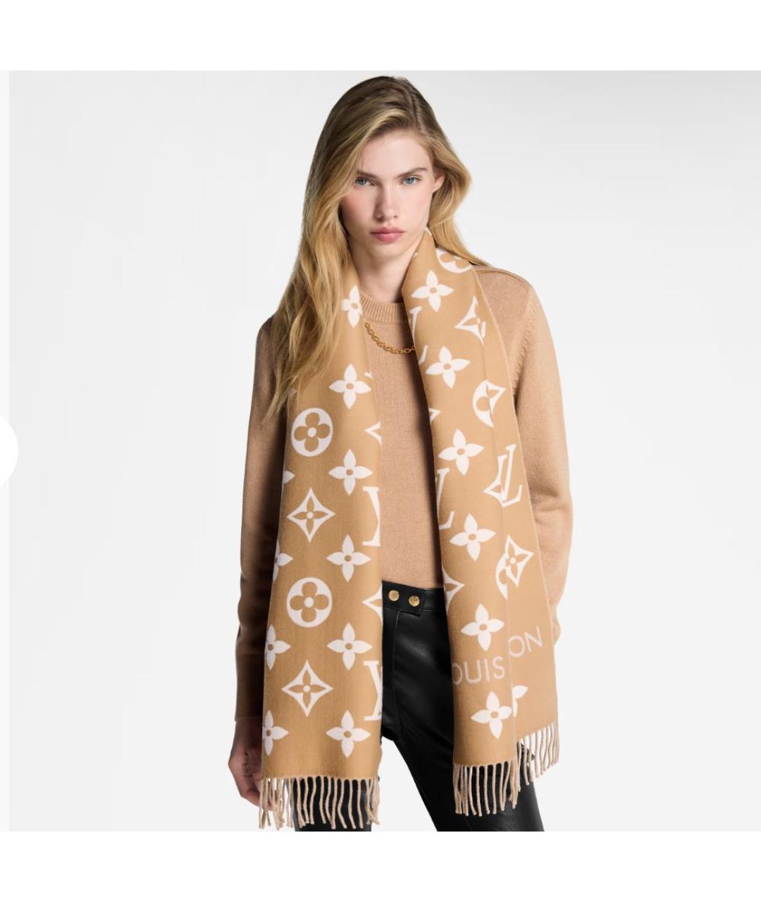 LOUIS VUITTON Бежевый шерстяной шарф, фото 7