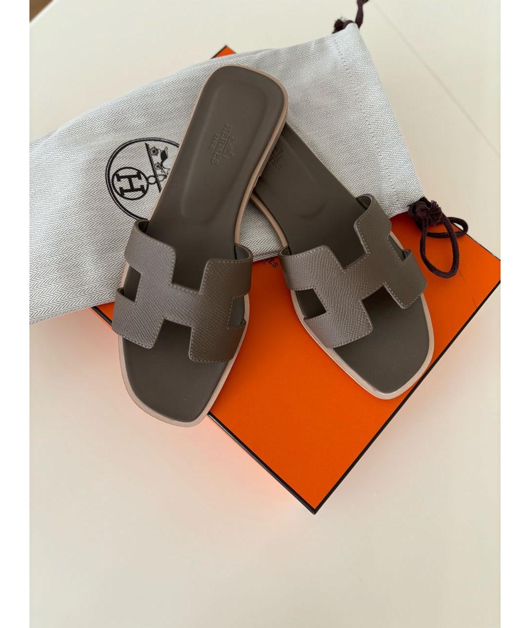 HERMES Коричневые кожаные шлепанцы, фото 8