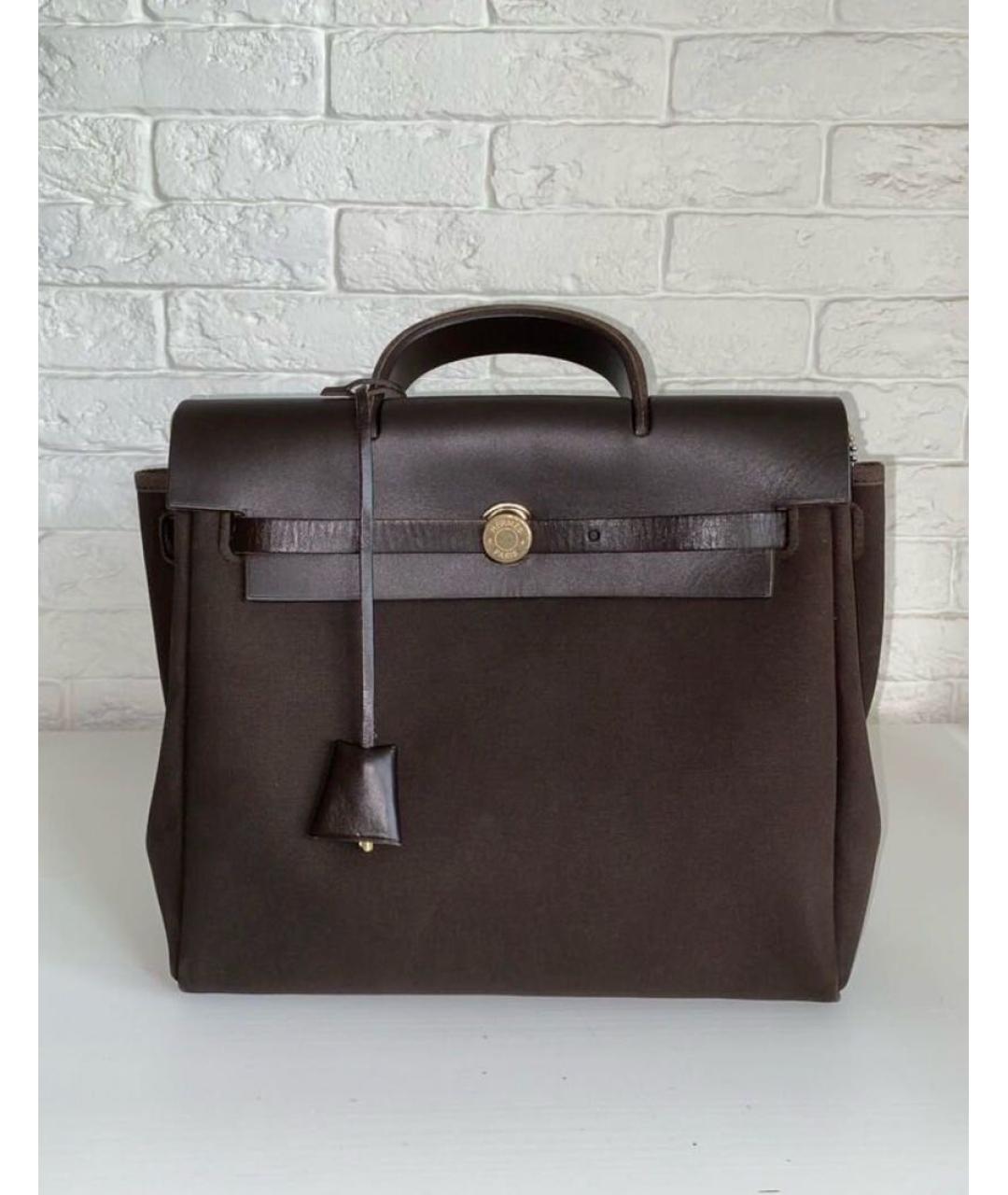 HERMES Коричневая хлопковая сумка с короткими ручками, фото 9