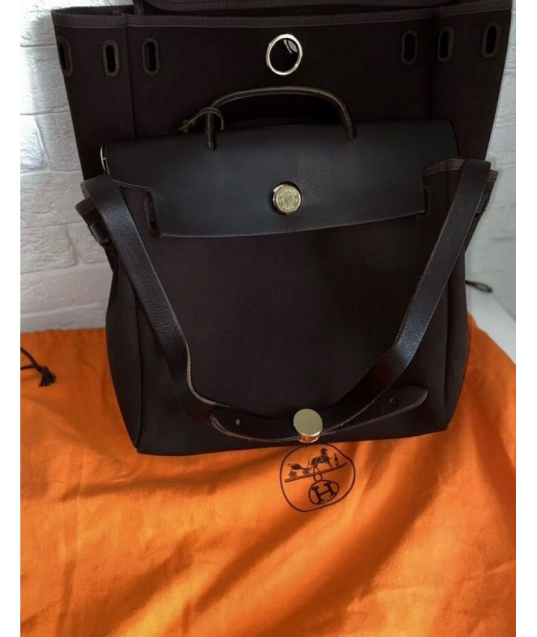 HERMES Коричневая хлопковая сумка с короткими ручками, фото 6