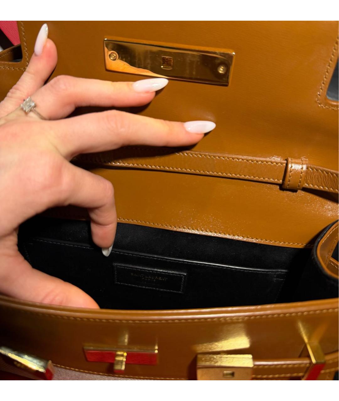 SAINT LAURENT Бежевая кожаная сумка с короткими ручками, фото 3