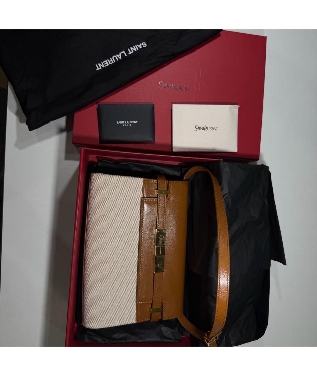 SAINT LAURENT Бежевая кожаная сумка с короткими ручками, фото 5