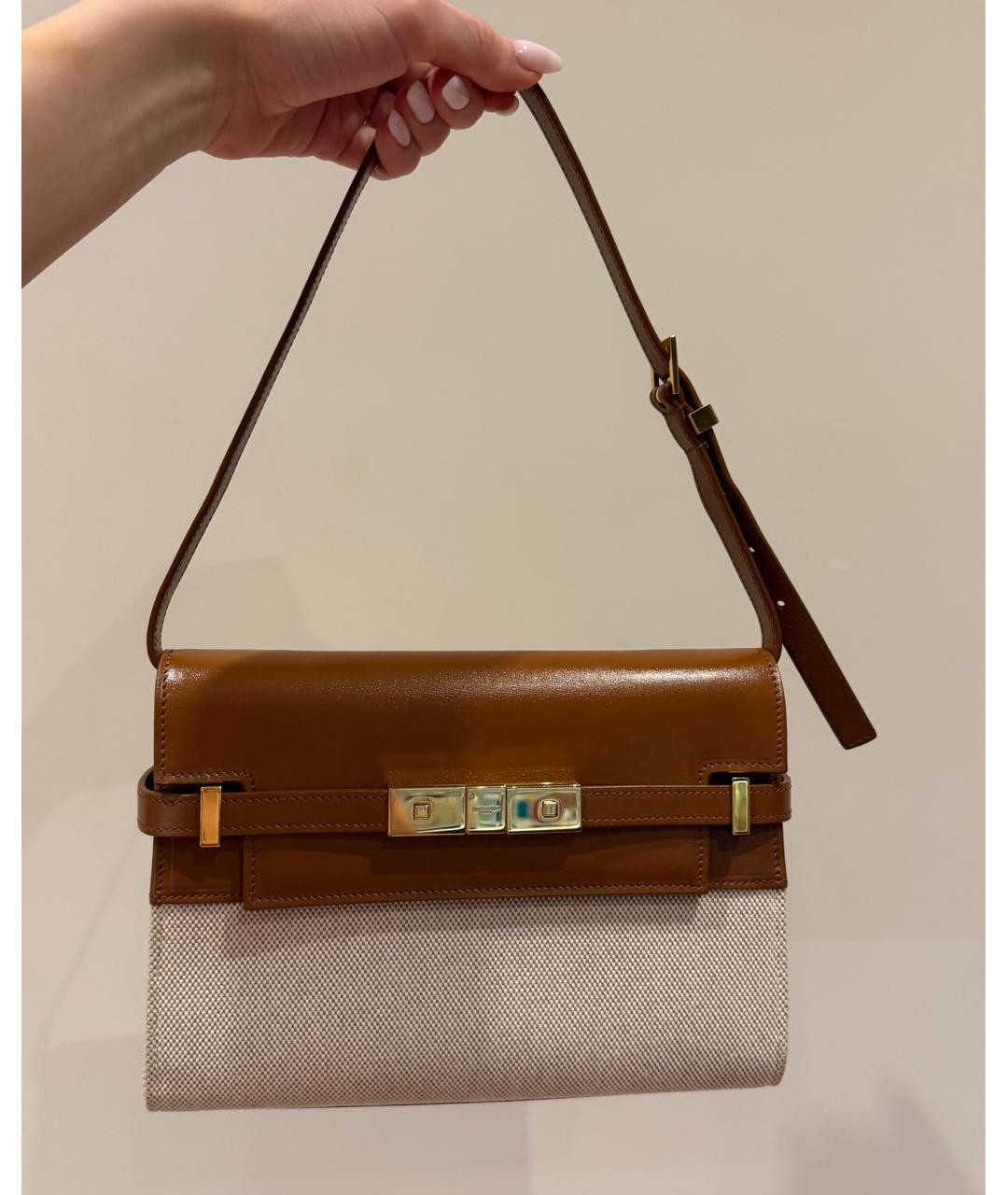 SAINT LAURENT Бежевая кожаная сумка с короткими ручками, фото 6