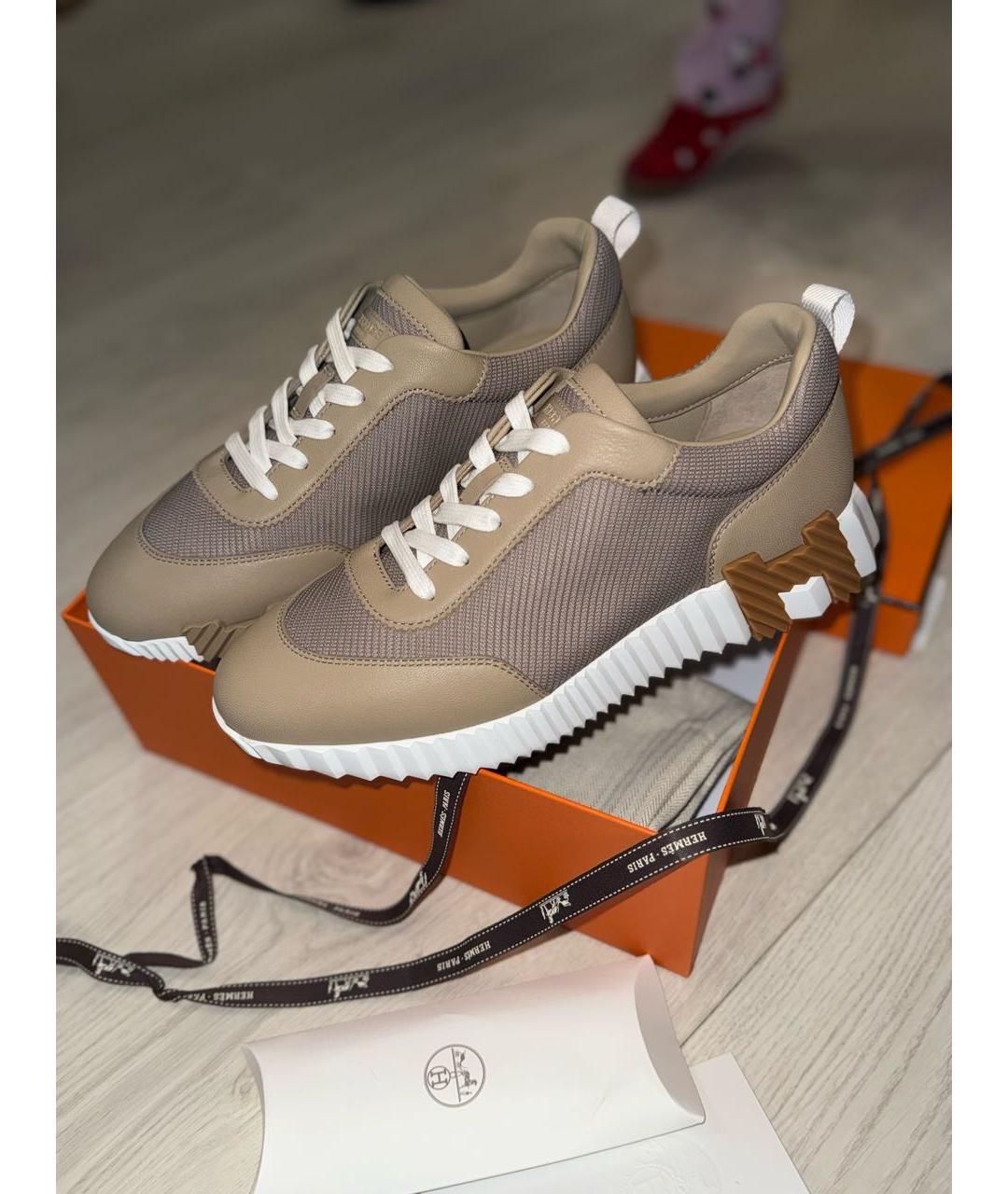 HERMES Бежевые текстильные кроссовки, фото 2