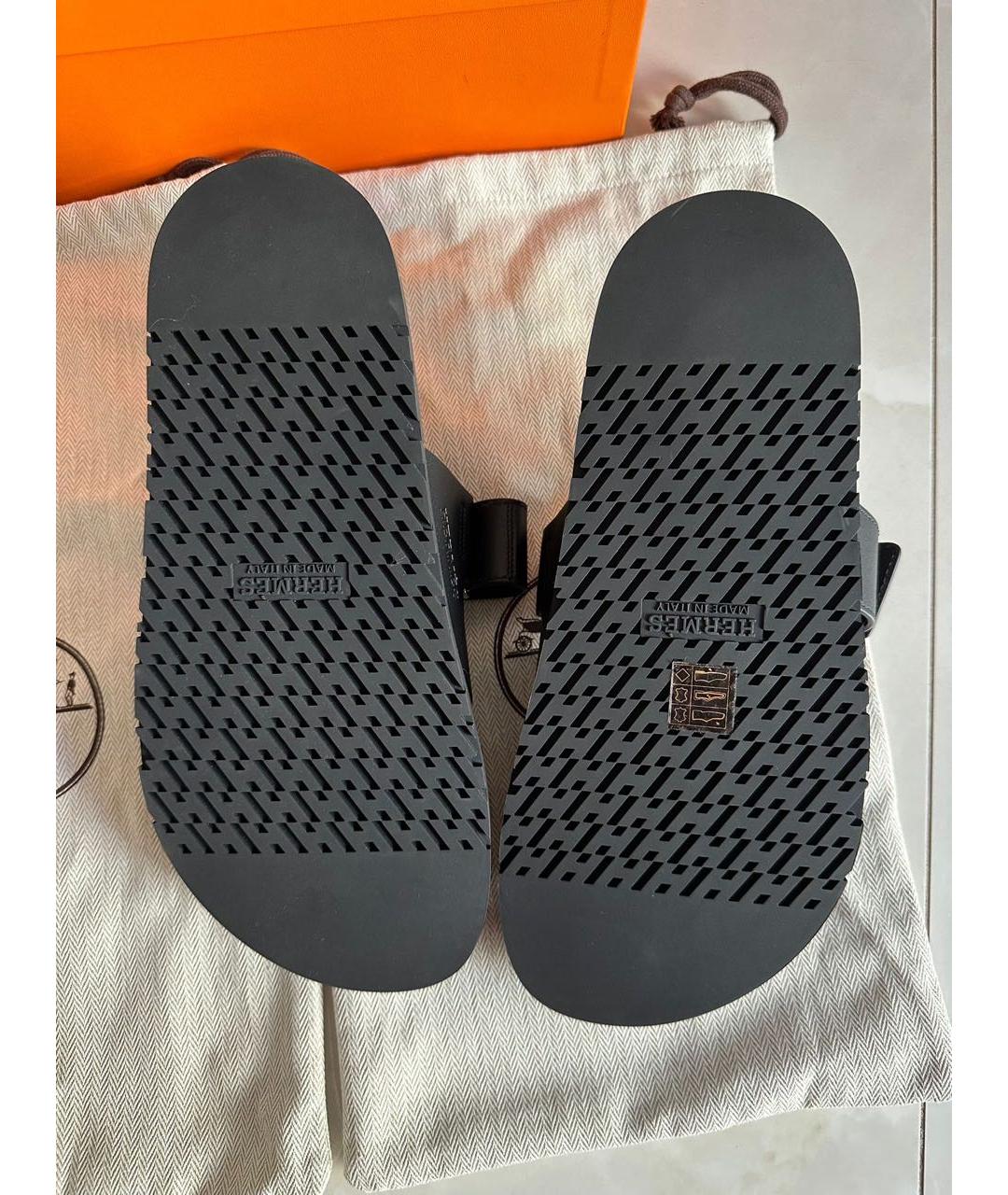 HERMES Черные кожаные шлепанцы, фото 4