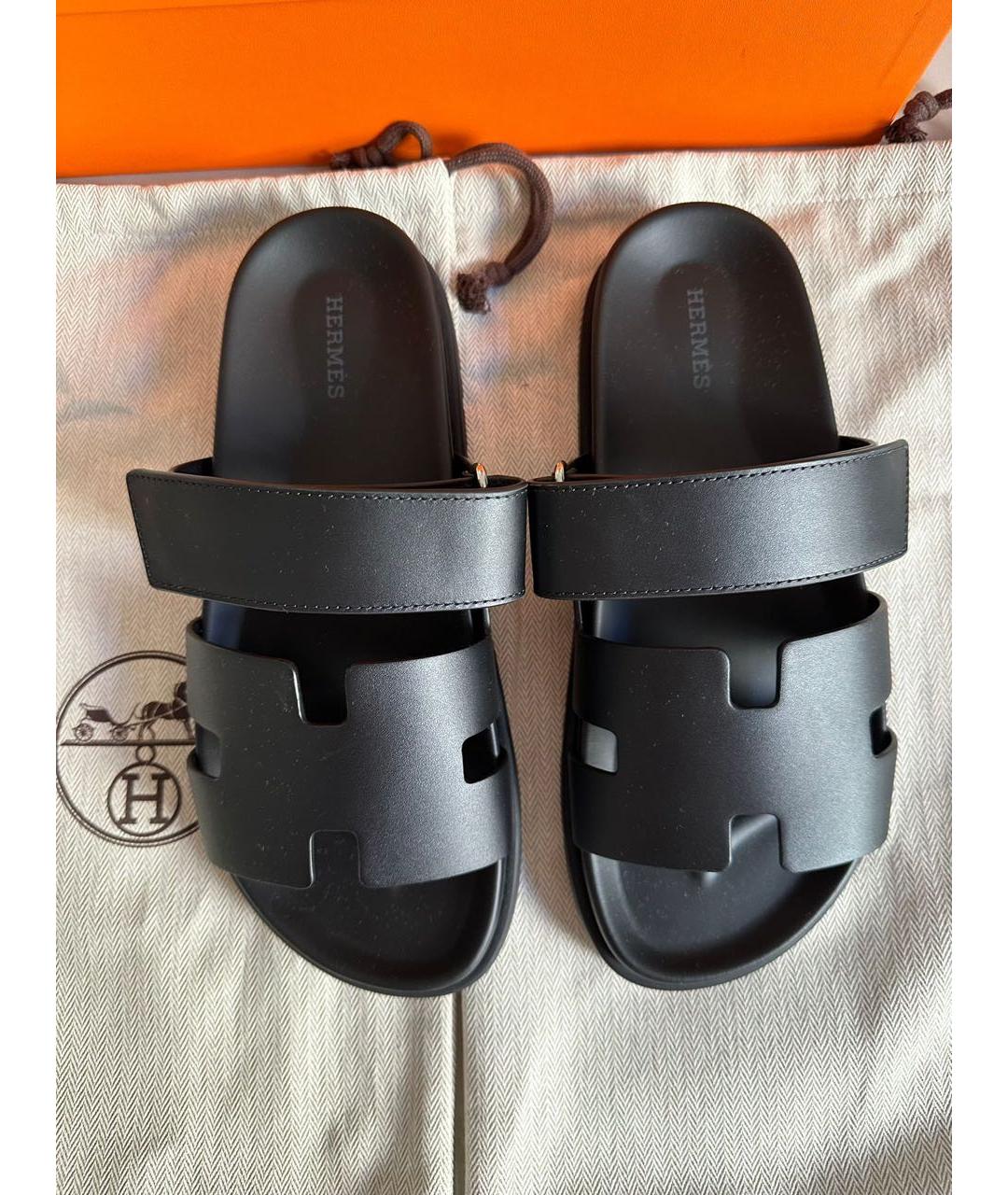 HERMES Черные кожаные шлепанцы, фото 3