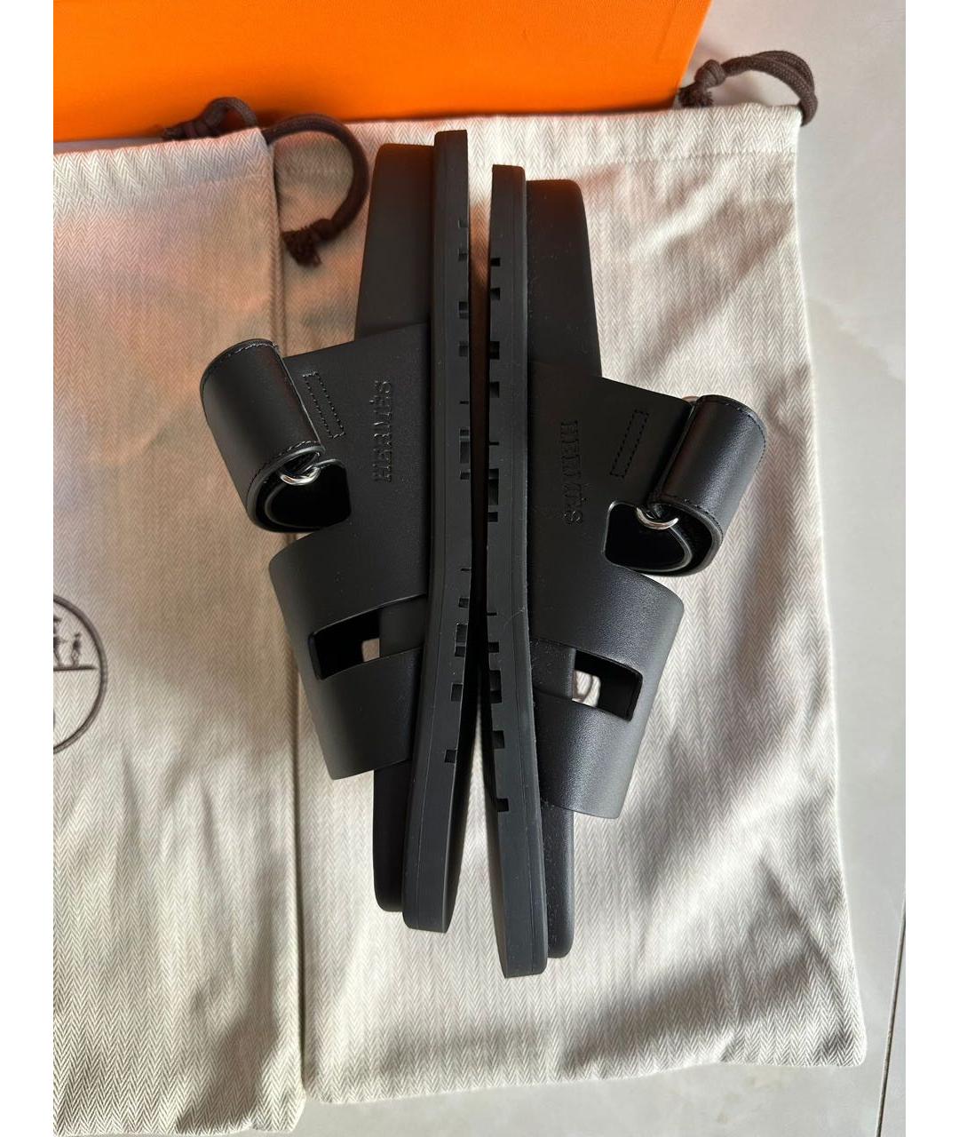 HERMES Черные кожаные шлепанцы, фото 9