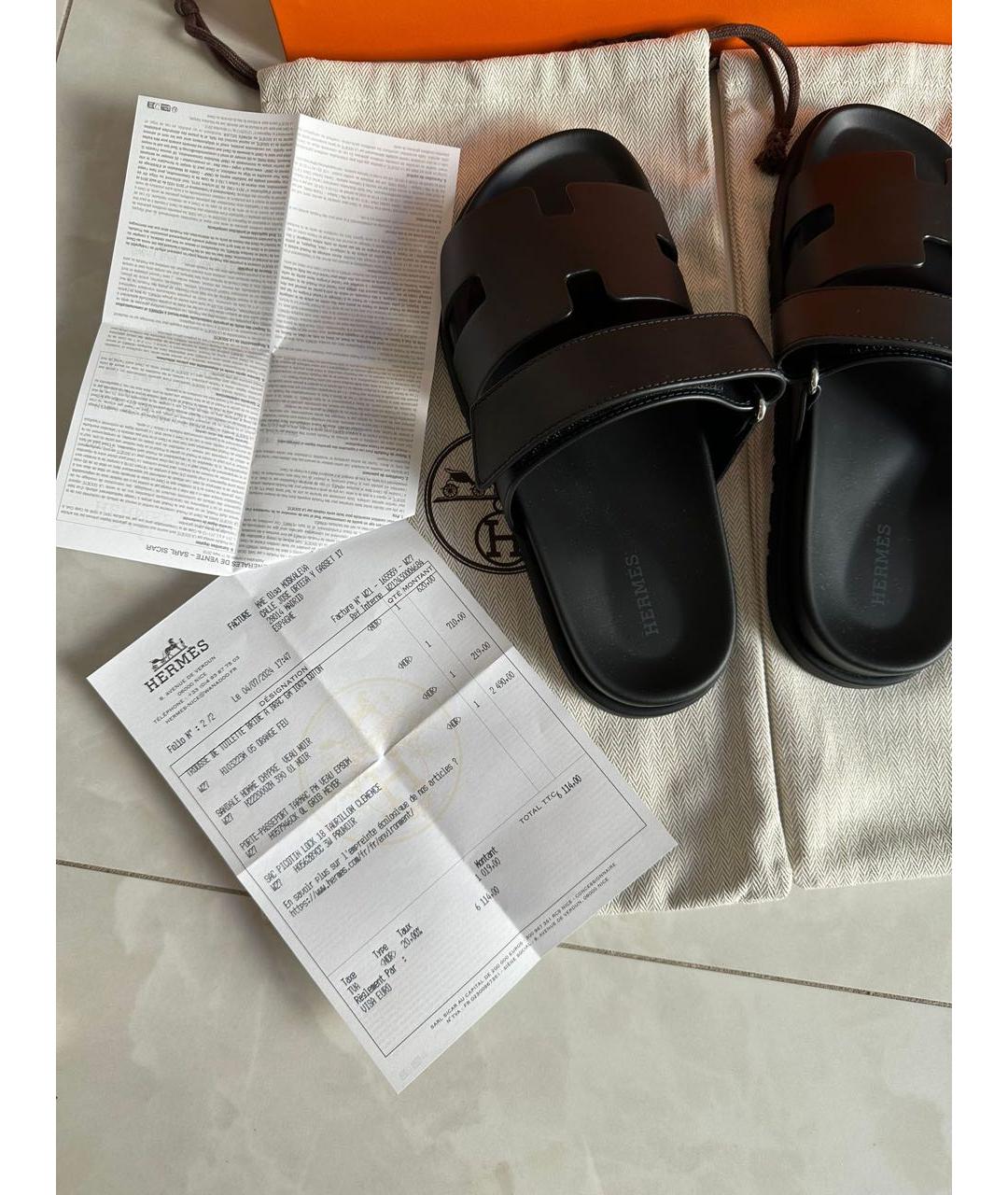 HERMES Черные кожаные шлепанцы, фото 8