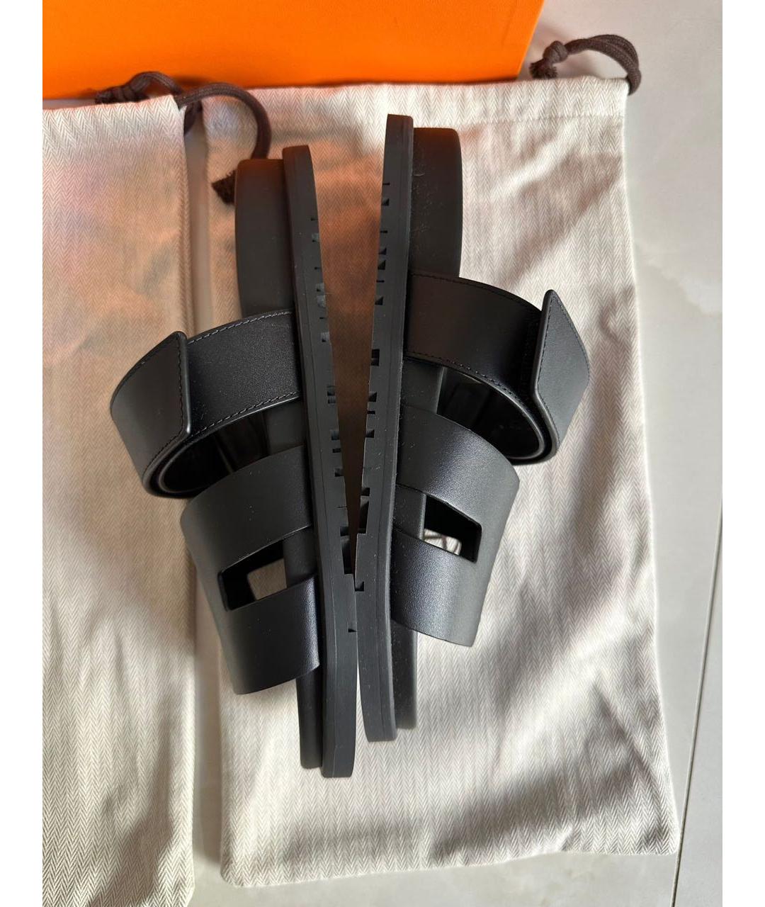 HERMES Черные кожаные шлепанцы, фото 6