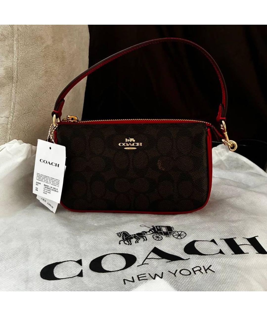 COACH Коричневая кожаная сумка с короткими ручками, фото 5