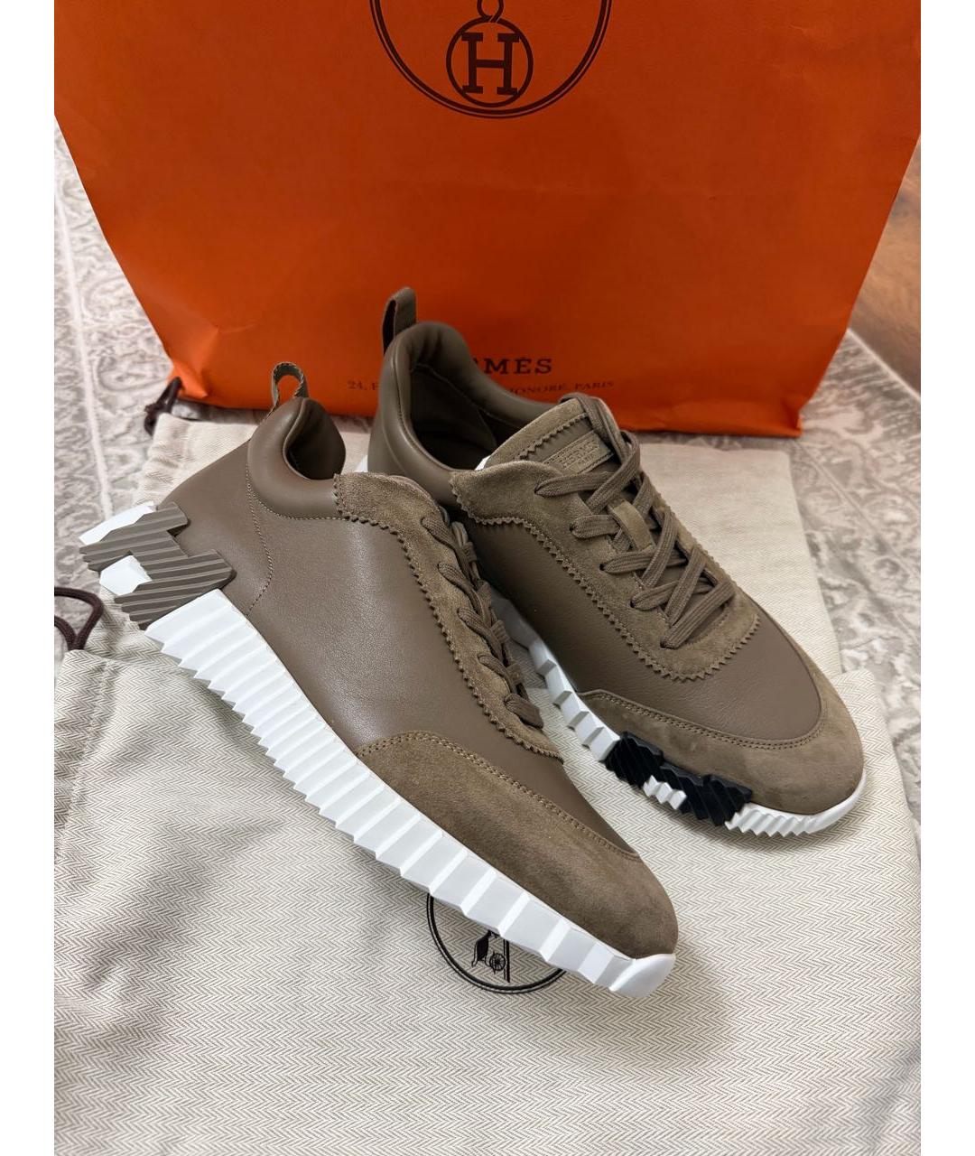 HERMES Хаки кожаные низкие кроссовки / кеды, фото 4