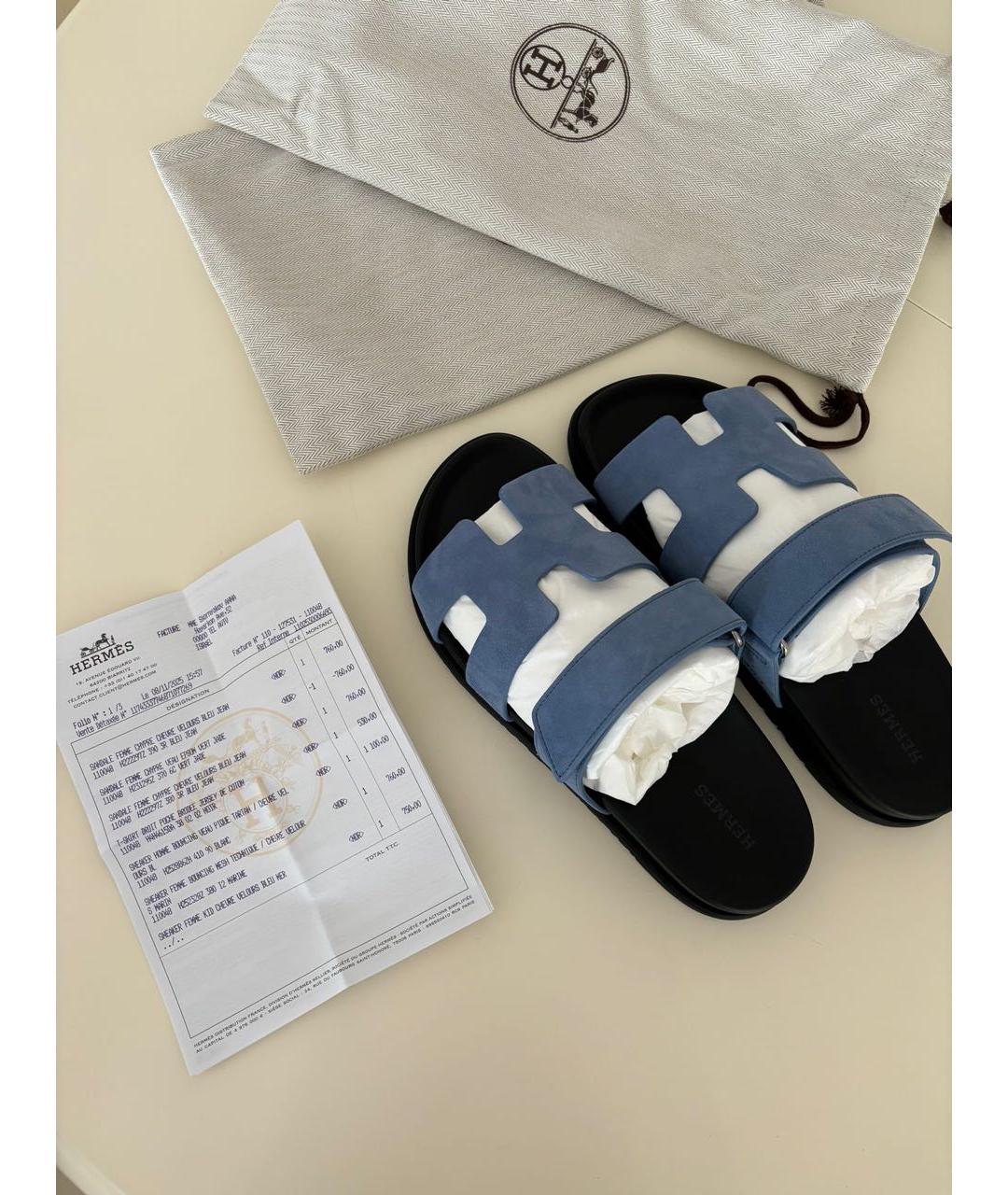 HERMES Голубые замшевые шлепанцы, фото 3