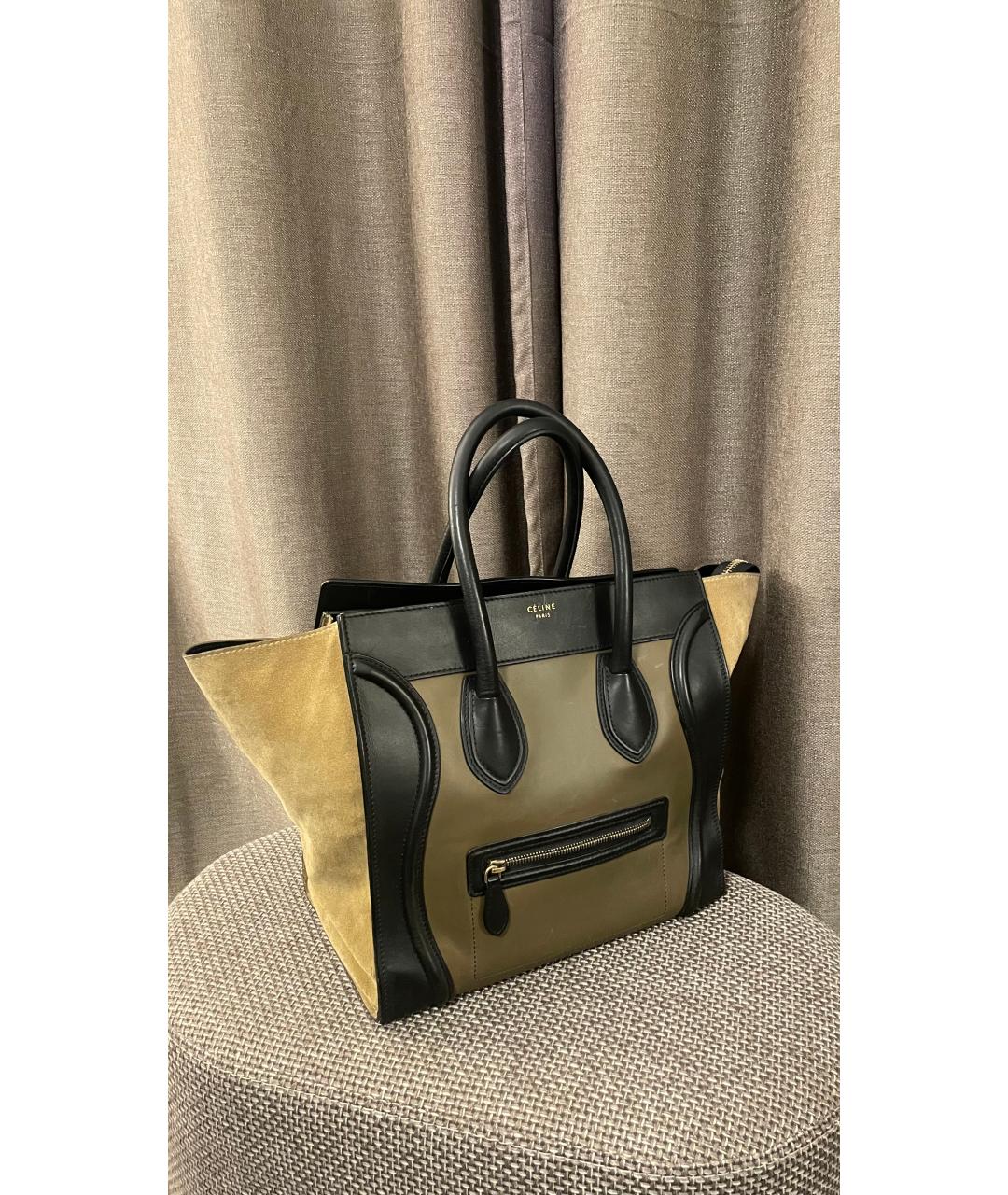 CELINE Хаки кожаная сумка с короткими ручками, фото 2