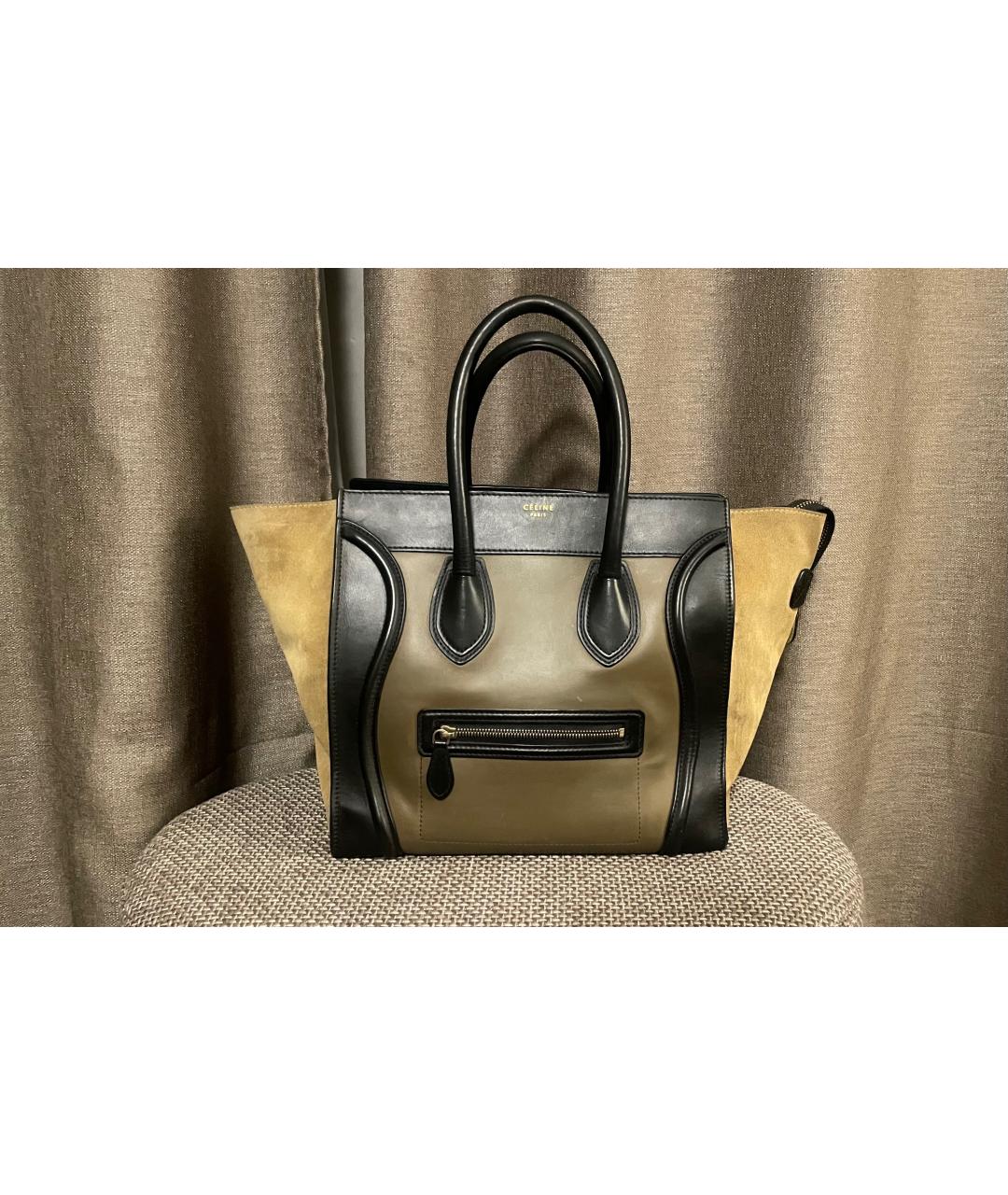 CELINE Хаки кожаная сумка с короткими ручками, фото 10