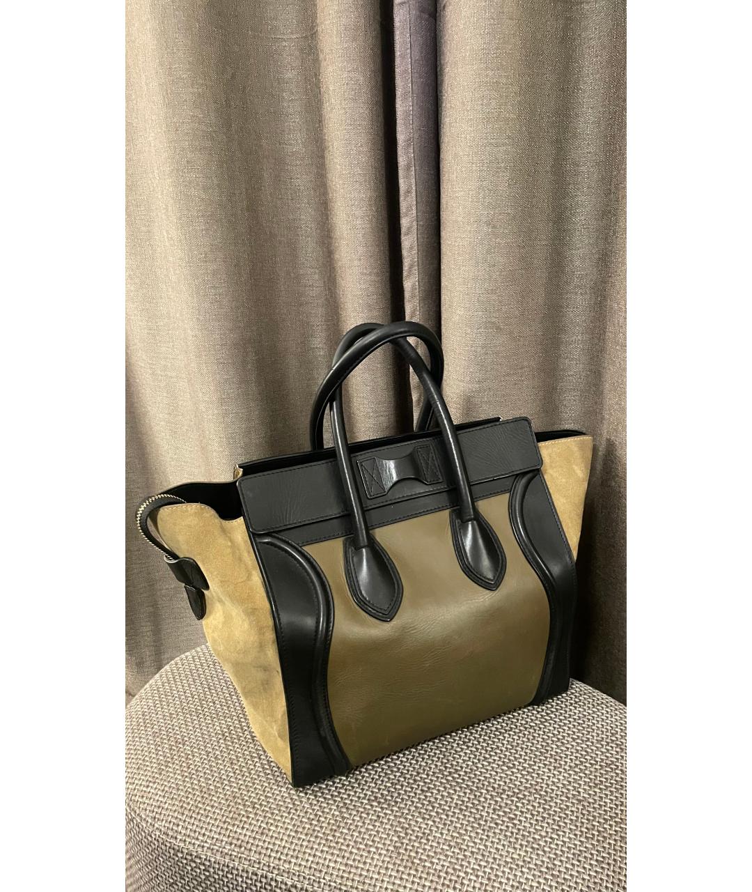 CELINE Хаки кожаная сумка с короткими ручками, фото 3
