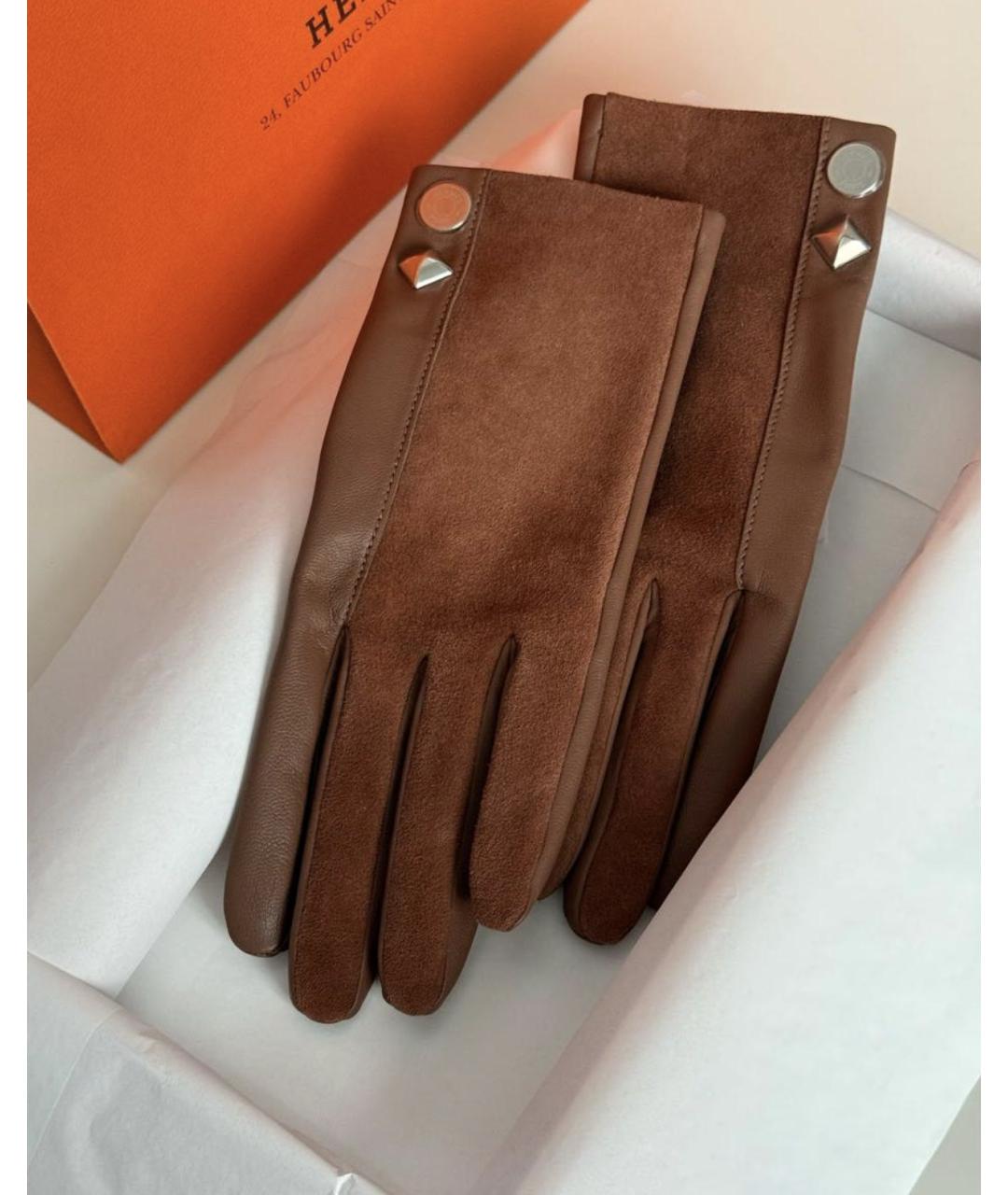 HERMES Коричневые кожаные перчатки, фото 2