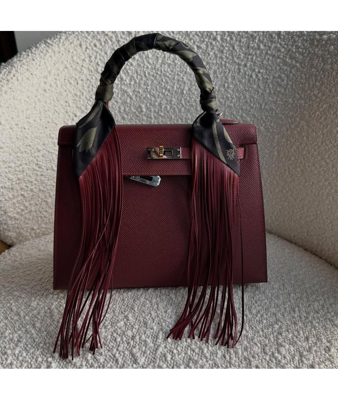 HERMES Бордовый шелковый платок, фото 4