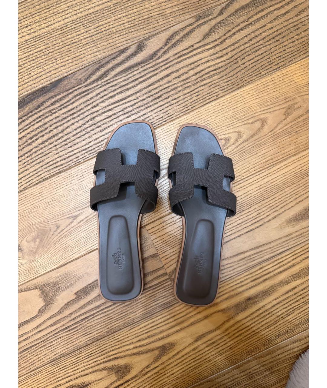 HERMES Серые кожаные шлепанцы, фото 2