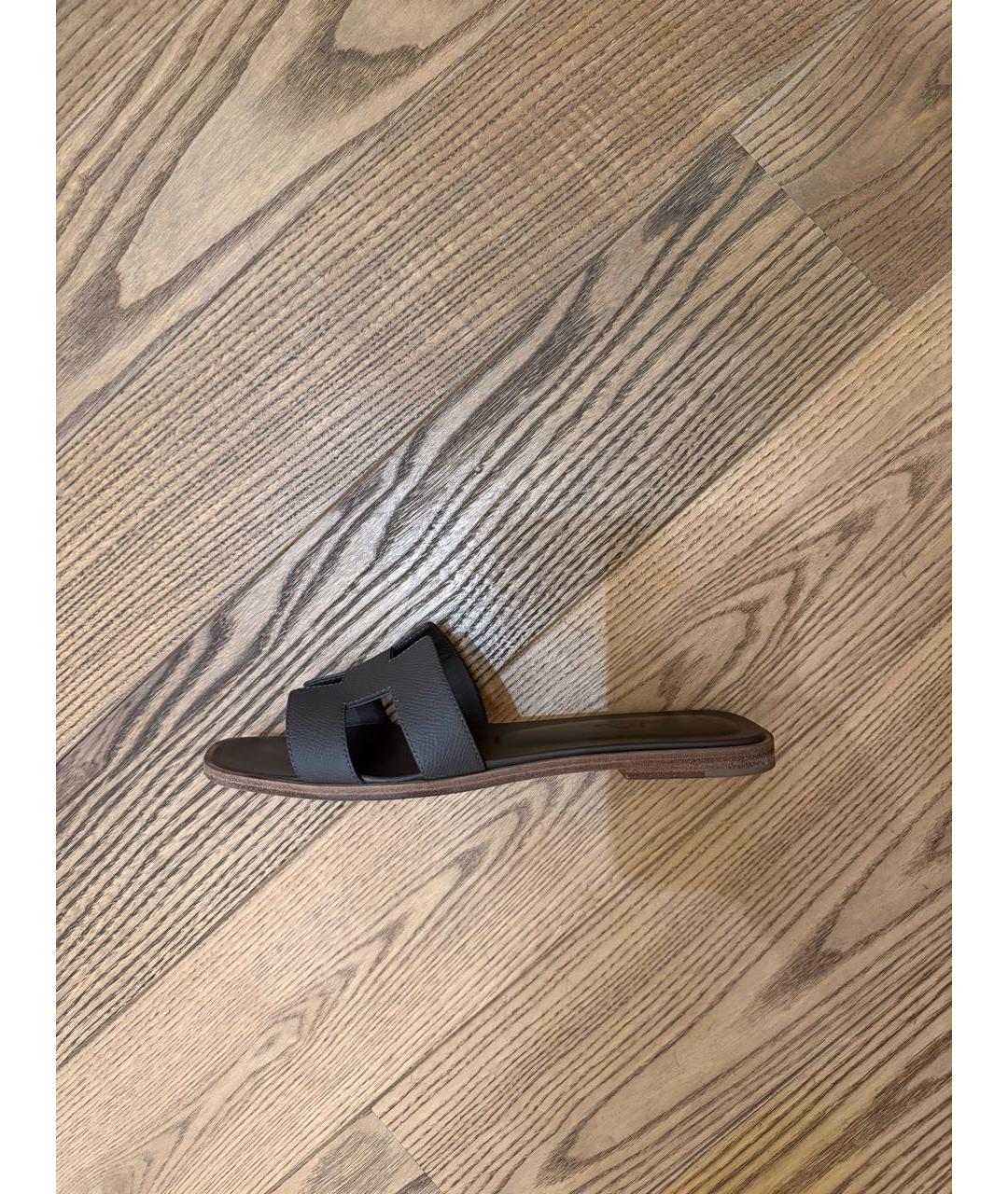 HERMES Серые кожаные шлепанцы, фото 5