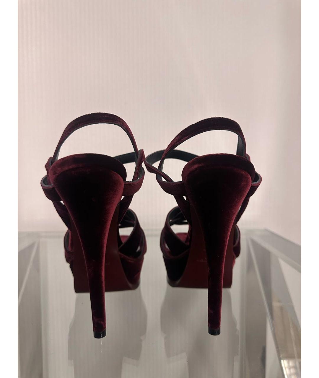 SAINT LAURENT Бордовые бархатные босоножки, фото 5